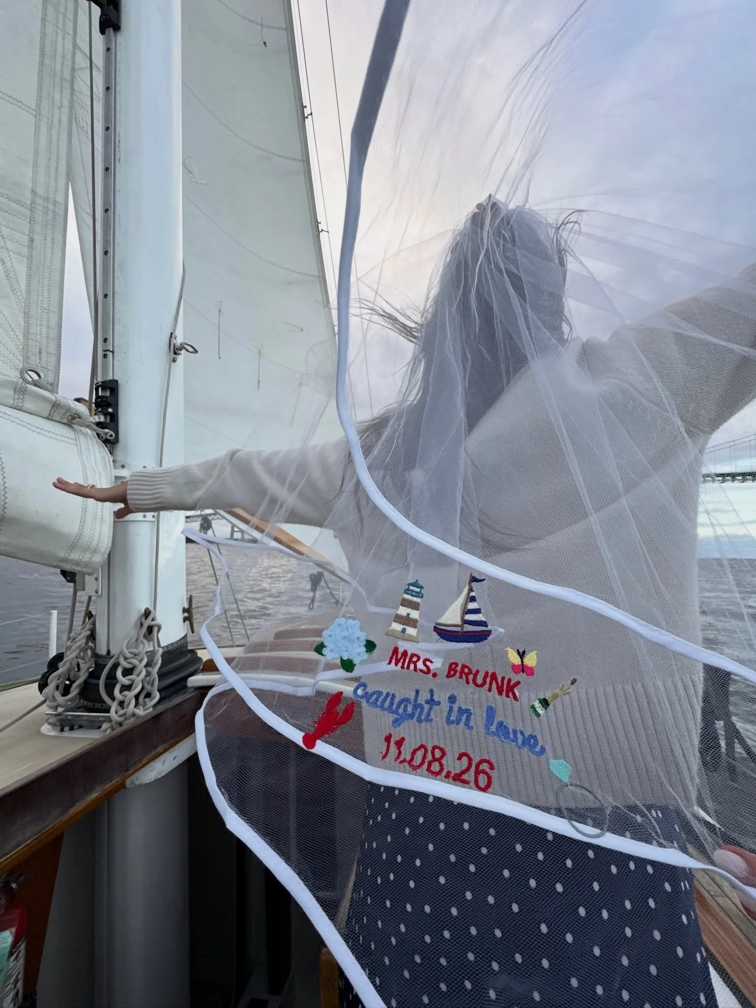 Caught the man. Caught the moment. Embroidered the veil ⚓️ 🦞 

DM or go to our website to customize your veil!