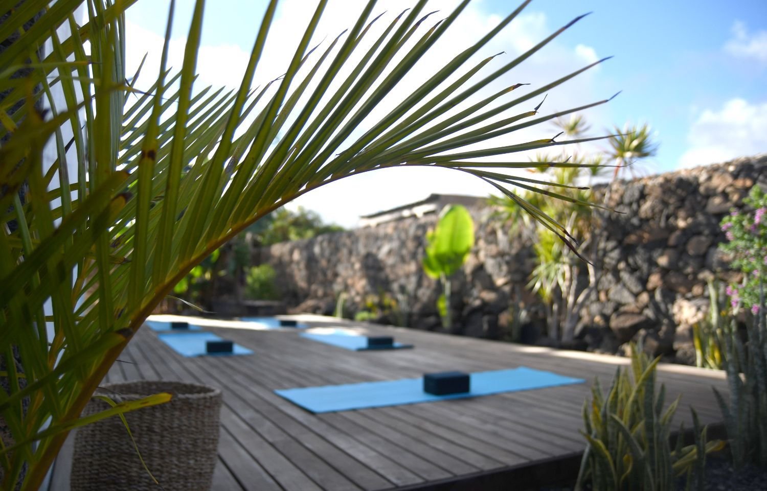 Yoga-Deck im Freien mit Matten, umgeben von Pflanzen und einer Steinmauer.