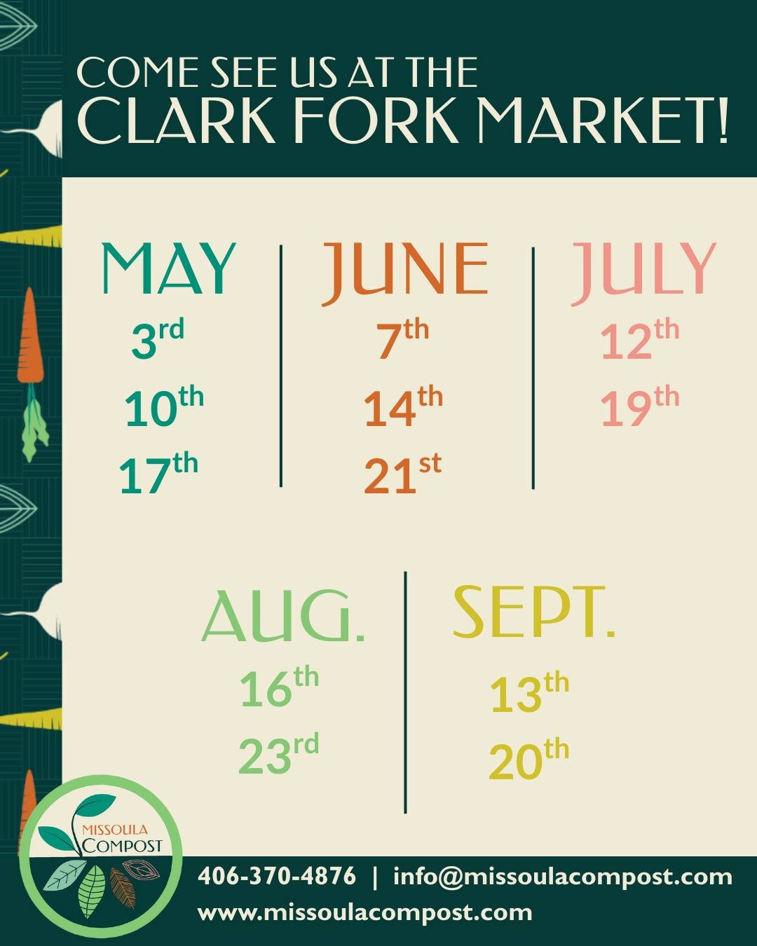 πΏ Catch us at the Clark Fork Market! πΏ
We are excited to share composting tips, tools, and services! Come say "Hi", learn about composting in Missoula, and grab your composting supplies.
π Market Dates:
- May: 3rd, 10th, 17th
- June