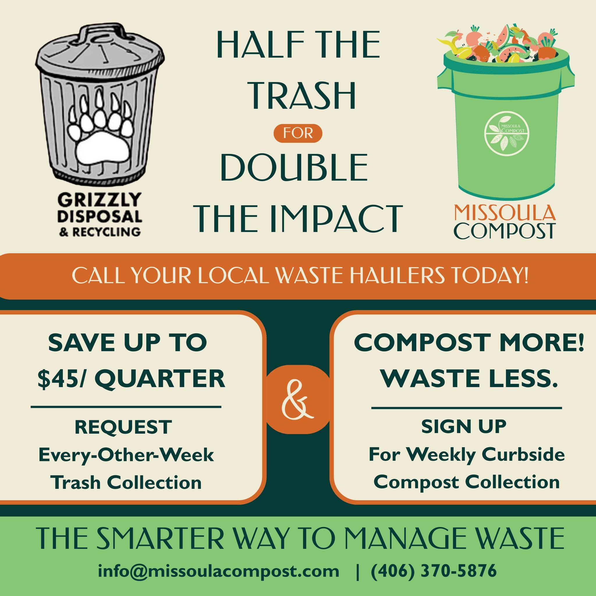 🌍 Half the Trash, Double the Impact ♻️
What if one simple switch could help you save money, reduce waste, and support local sustainability?
✨ Switch to every-other-week trash pickup with @GrizzlyDisposal
✨ Add weekly curbside composting with @Miss