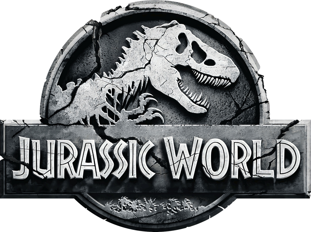 A cracked stone sign featuring the Jurassic World logo with a Tyrannosaurus rex skull and teeth, and the text "Jurassic World" below.
