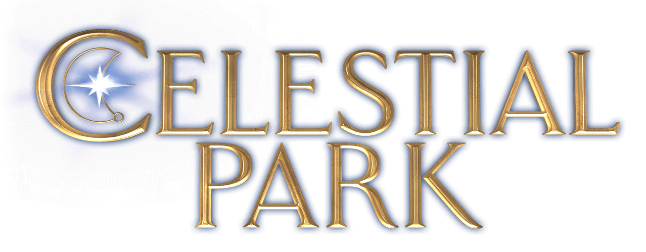 Logo for Celestial Park with a blue background and gold text.