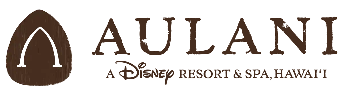 Logo for Aulani, a Disney Resort & Spa in Hawaii, featuring a stylized brown shell and text.