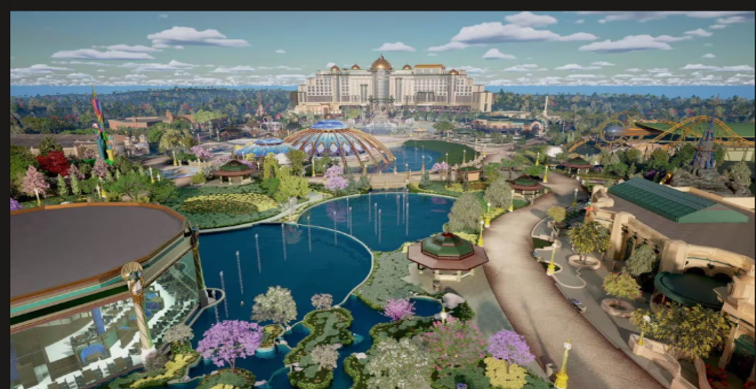 Aerial view of an amusement park with lakes, greenery, amusement rides, and a large hotel or casino building in the background.