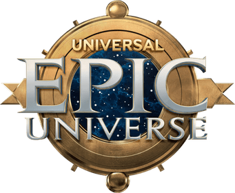 Universal Epic Universe logo with gold emblem and blue text