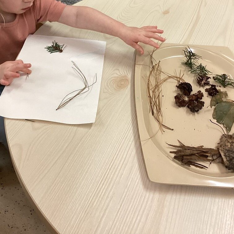 Utilising natural resources collected on our local field-trips in our art. The children used hand-eye co-ordination to spread glue and then practiced their fine motor skills through placing the natural resources onto the paper.