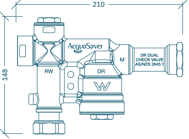 Dimensional drawing of an RM1500-2 1" rain to mains changeover valve with wall mount bracket.
