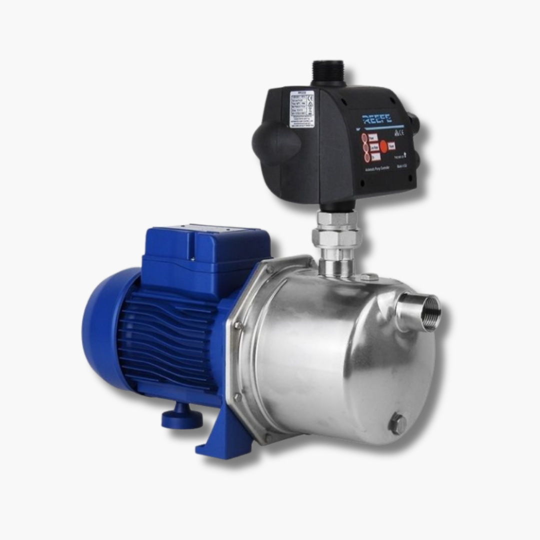 A water pump with a blue motor, metallic body, and an attached digital pressure controller on top.