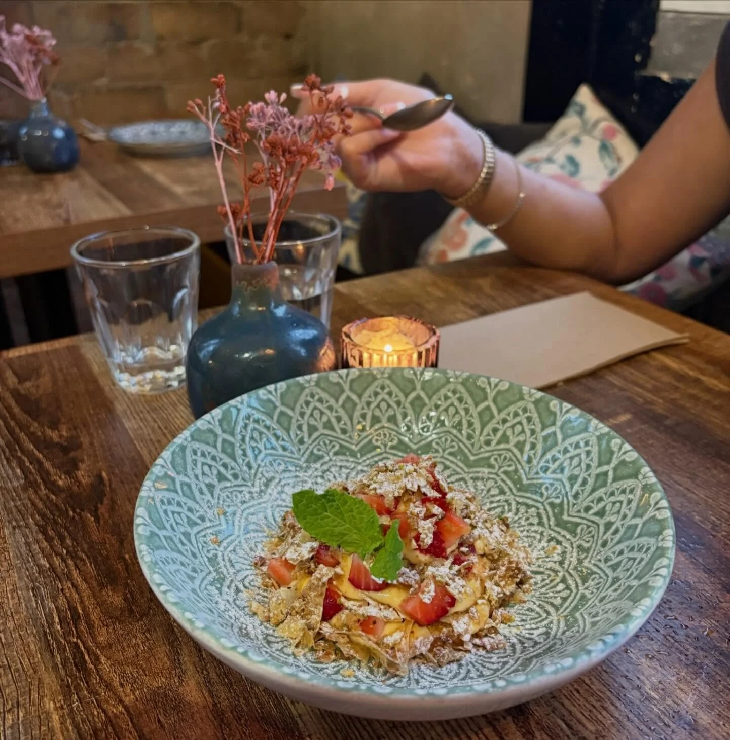 Always room for dessert 🍓 our Pasticcio is simple and delicious, layers of vanilla lemon custard, flakes of almond pastry, fresh cut berries and pistachio crumb.