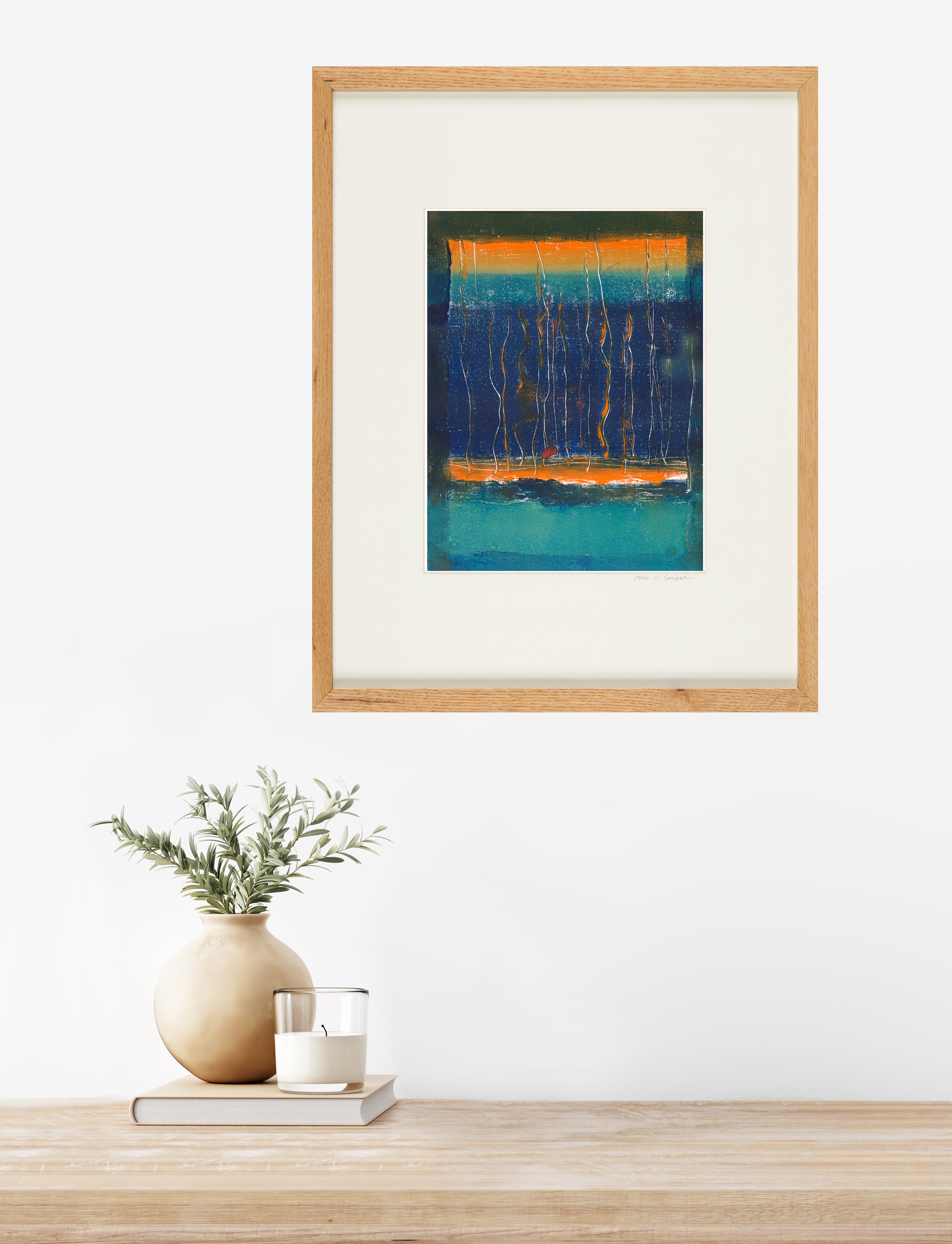 Traditional interior wall mockup with green twigs in vase and candle standing on light brown wooden table on empty white background. 3D rendering, illustration