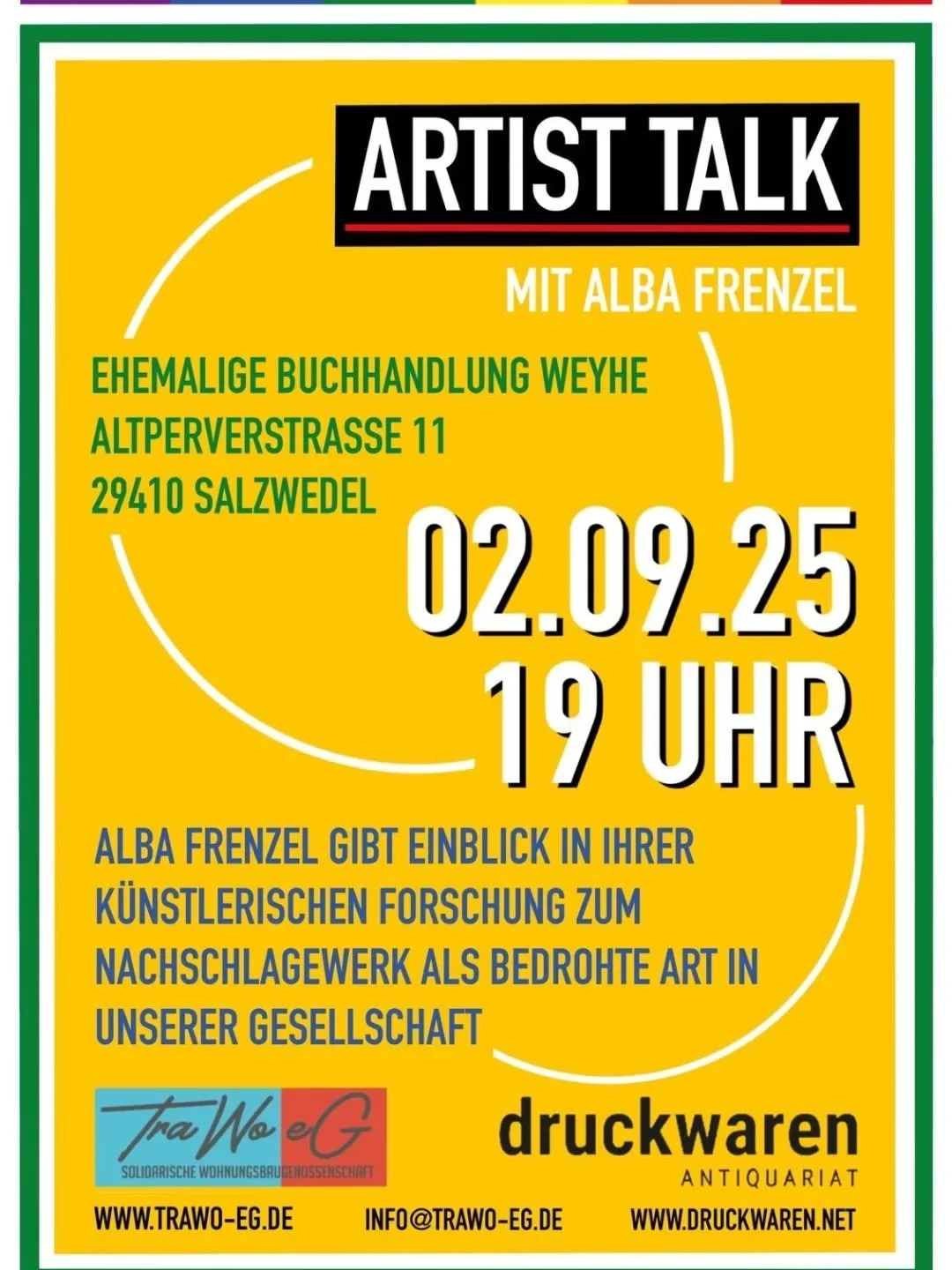 Künstlerische Forschung zum Nachschlagewerk als bedrohte Art in unserer Gesellschaft.
Kommunikation anstoßen, Netzwerke organisieren, dabei auf die soziale Funktion von Büchern setzen, das sind integrale Aspekte von Alba Frenzels Arbe