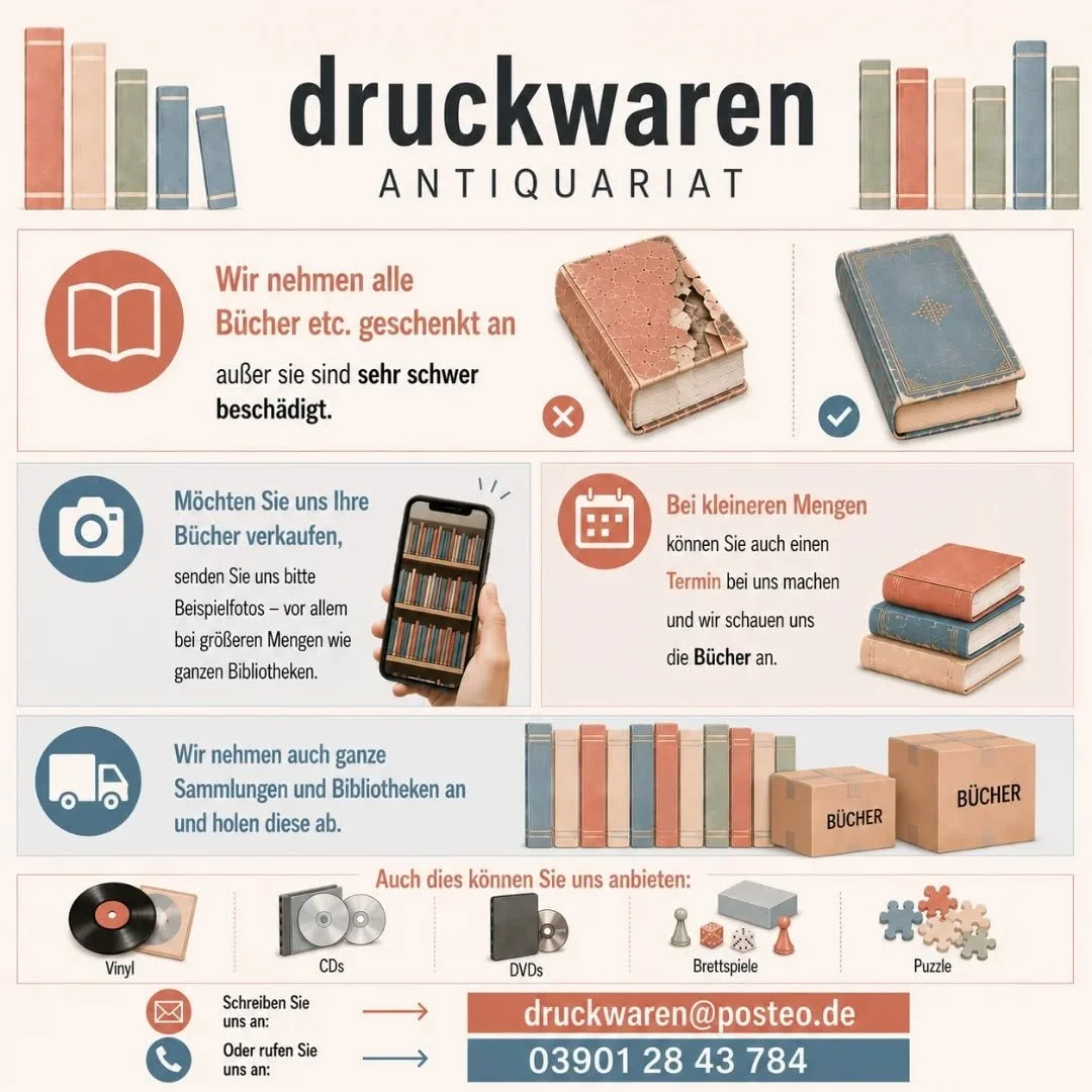 📚 Alte Sch&auml;tze verdienen ein neues Zuhause.
Das Druckwaren Antiquariat kauft und &uuml;bernimmt B&uuml;cher, Sammlungen, Bibliotheken sowie Vinyl, CDs, DVDs, Brettspiele und Puzzle &ndash; unkompliziert und fair.
📩 Einfach Fotos schicken oder 