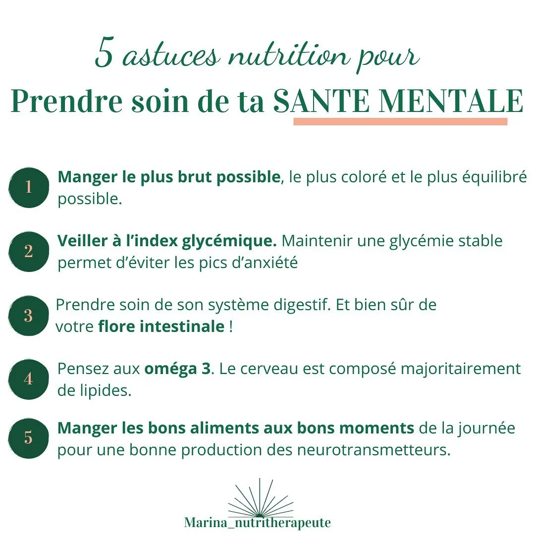 Bonjour &agrave; tous !

Le mardi 10 octobre &eacute;tait la journ&eacute;e mondiale de la sant&eacute; mentale 🧠. A cette occasion, je voulais vous partager 5 astuces nutrition pour prendre soin de votre sant&eacute; mentale. 🤗

La nutrition est u