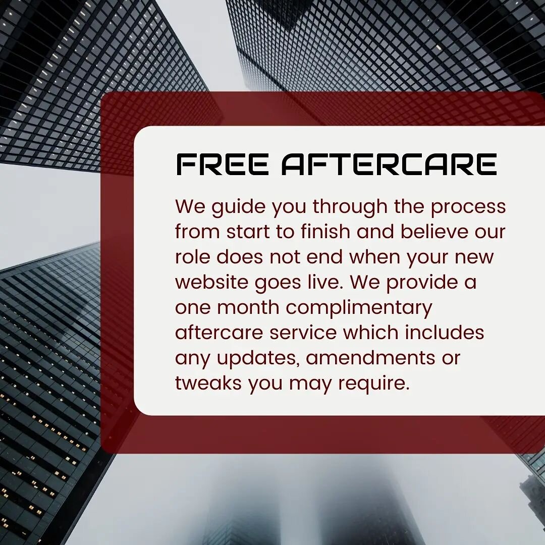 FREE AFTERCARE

That's right, once your site goes live you can still come back to us within the month free of charge for us to make any changes.

Keep your eyes peeled 👀 for an announcement coming soon where a previous client came back to us to ta