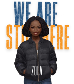 A young woman with curly hair wearing a black jacket standing in front of a white background with the words 'We Are Still Here' written in large blue and orange letters.