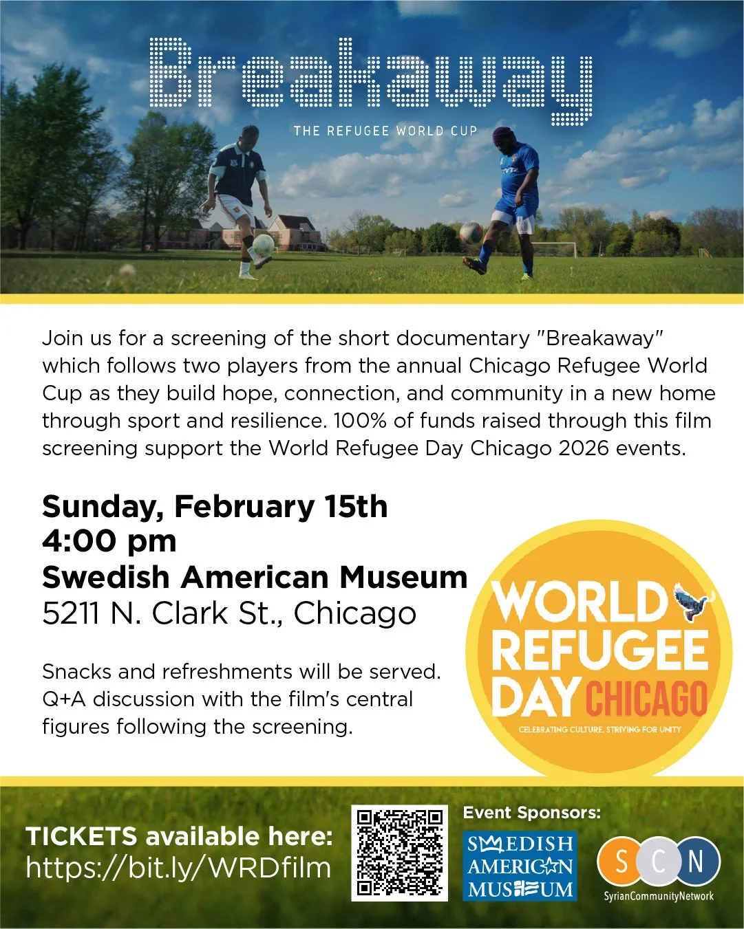 Flyer for the documentary screening of "Breakaway" about Chicago Refugee World Cup players, featuring children playing soccer on a grassy field under a blue sky, and the World Refugee Day Chicago logo.