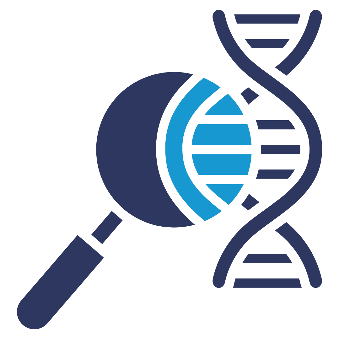 Illustration of a DNA double helix with a magnifying glass examining a section of it.