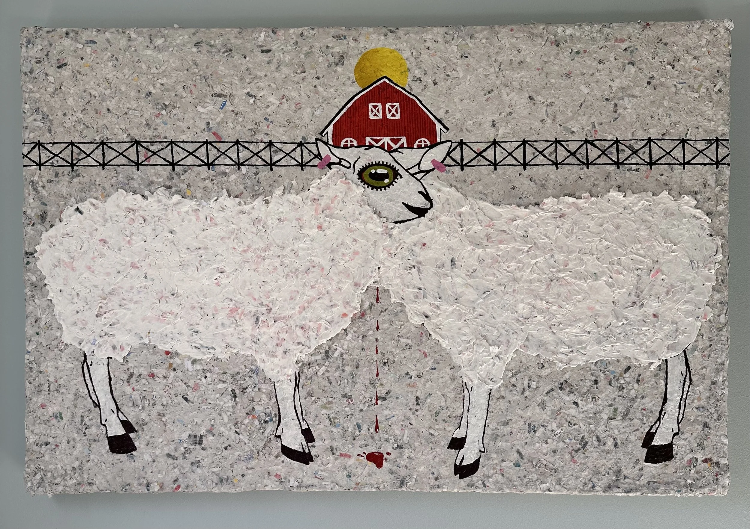 “The Lovers/The Cowards”, paper and acrylic on canvas, 2025. 24x36 inches.