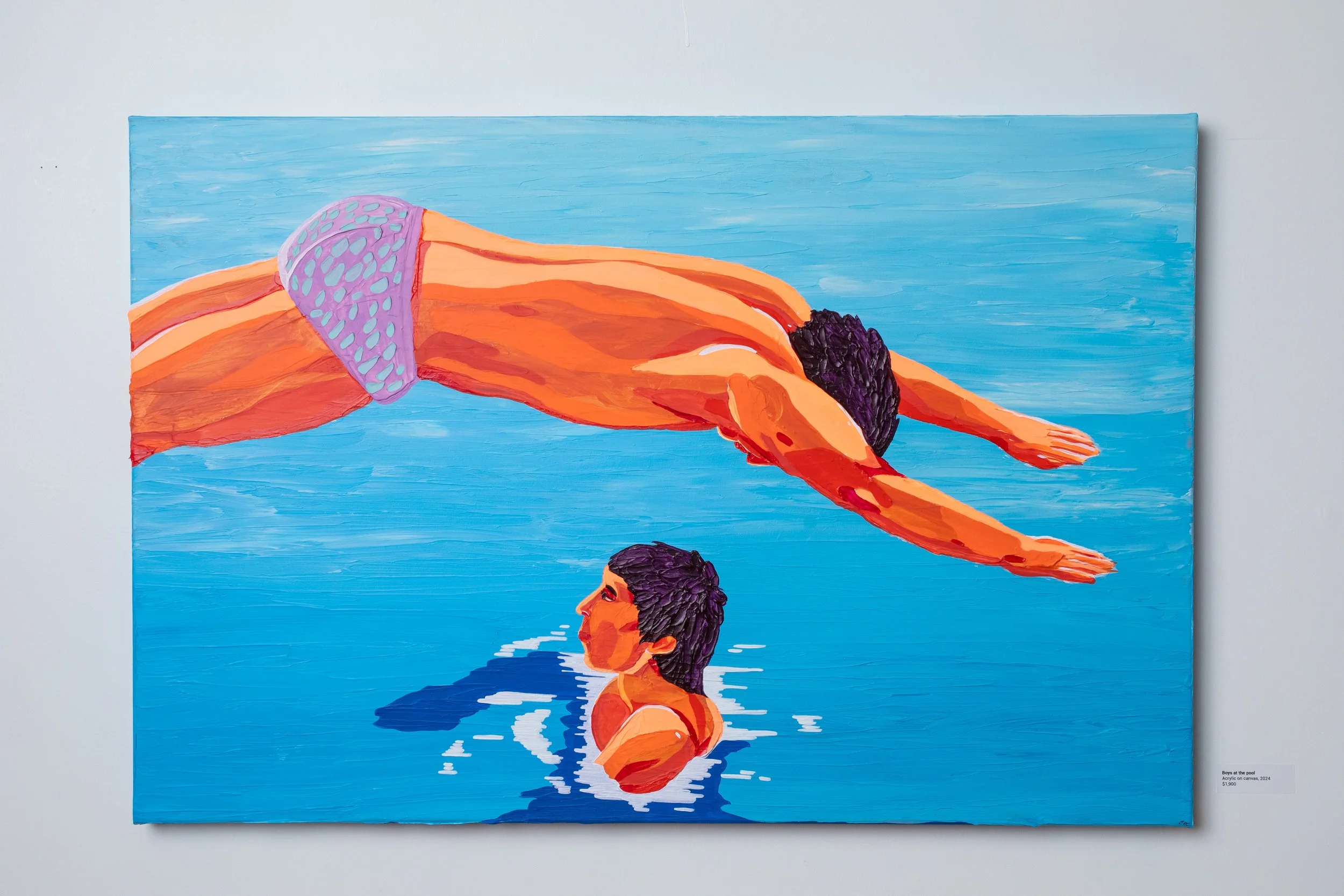 “Boys at the Pool”, acrylic on canvas, 2024. 24x36 inches.