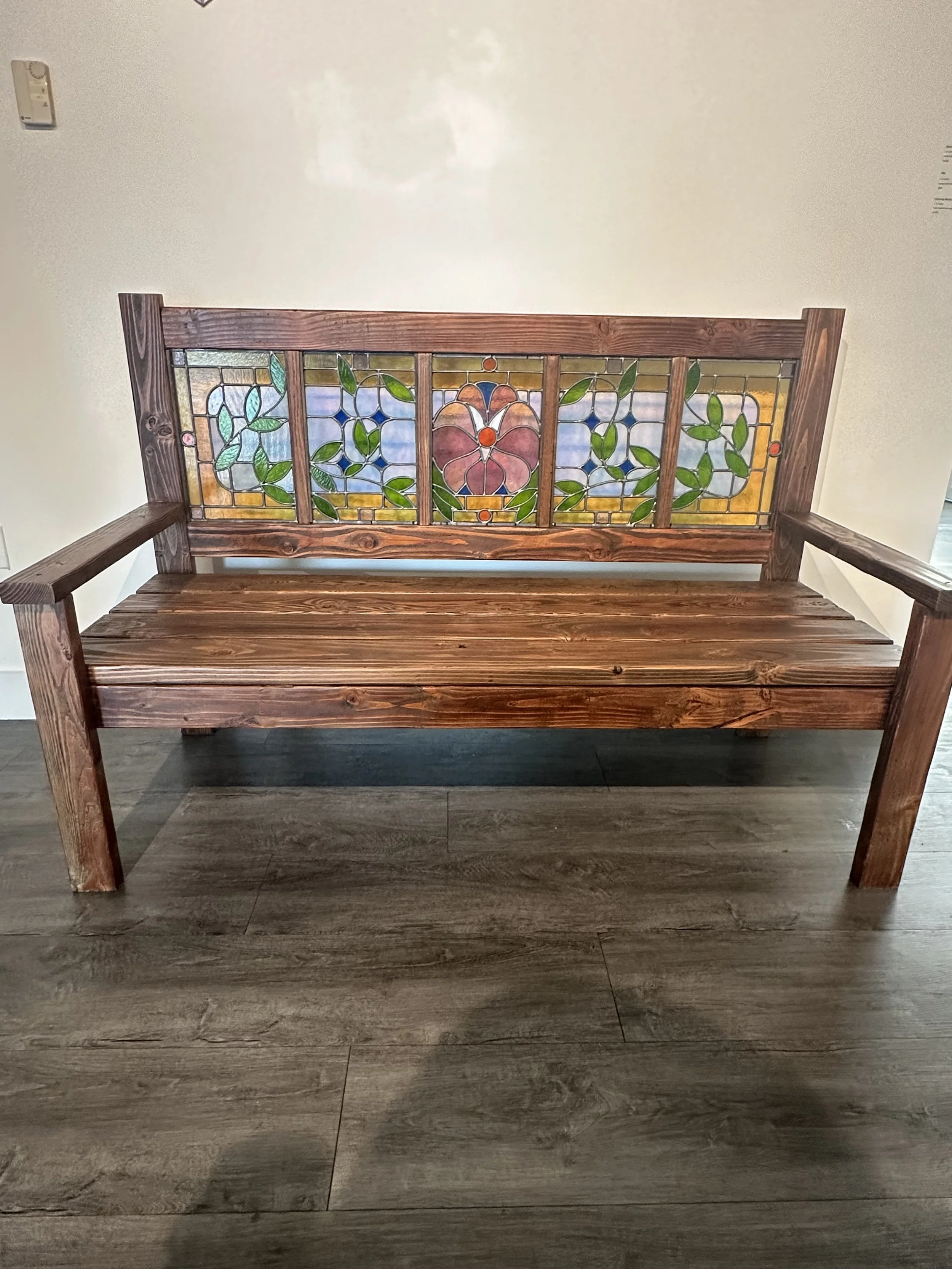 “Cruising Bench”, wood & leaded stained glass, 2026.