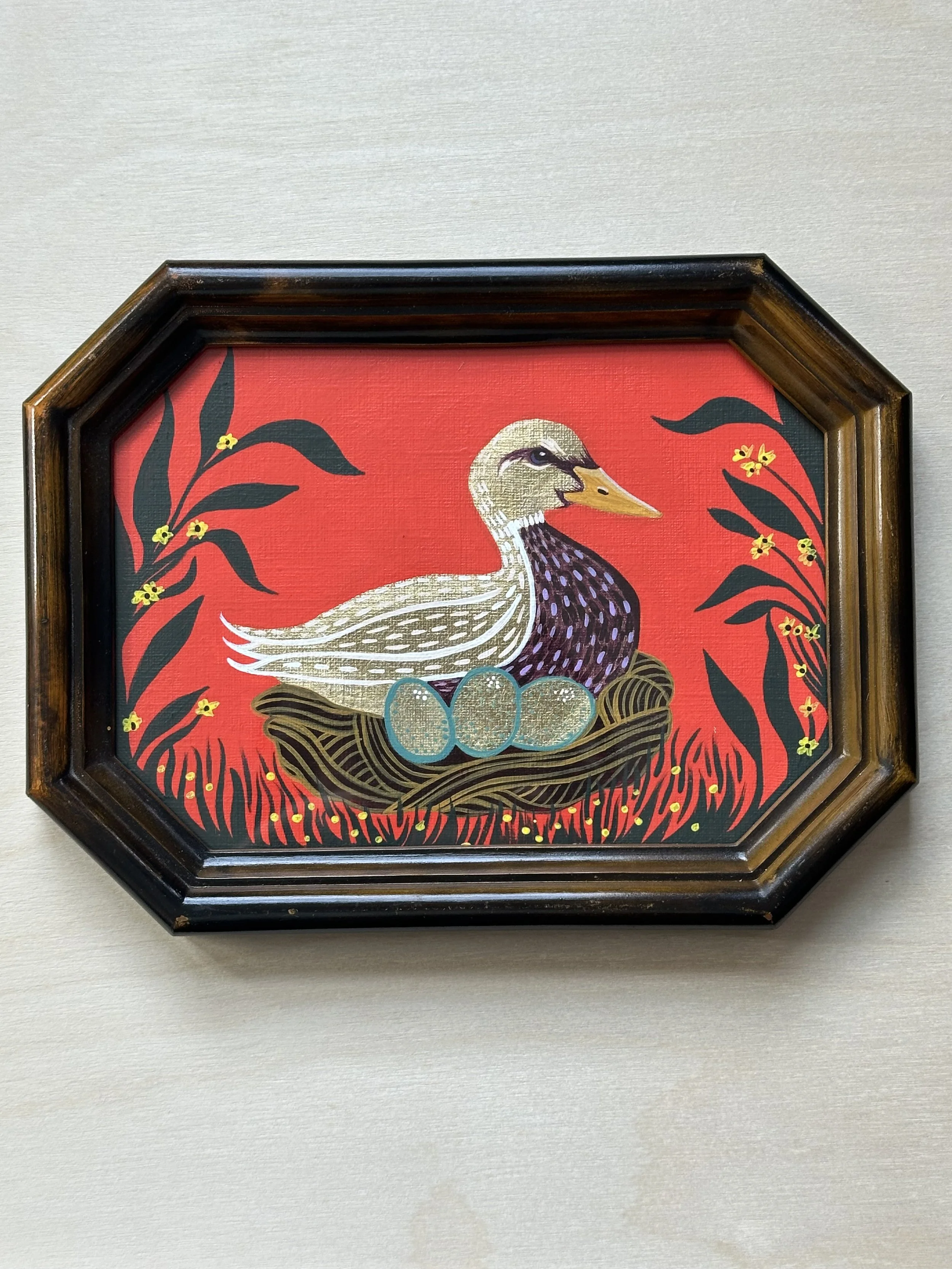 “Lucky Duck”, acrylic & gold leaf on paper, 2026.