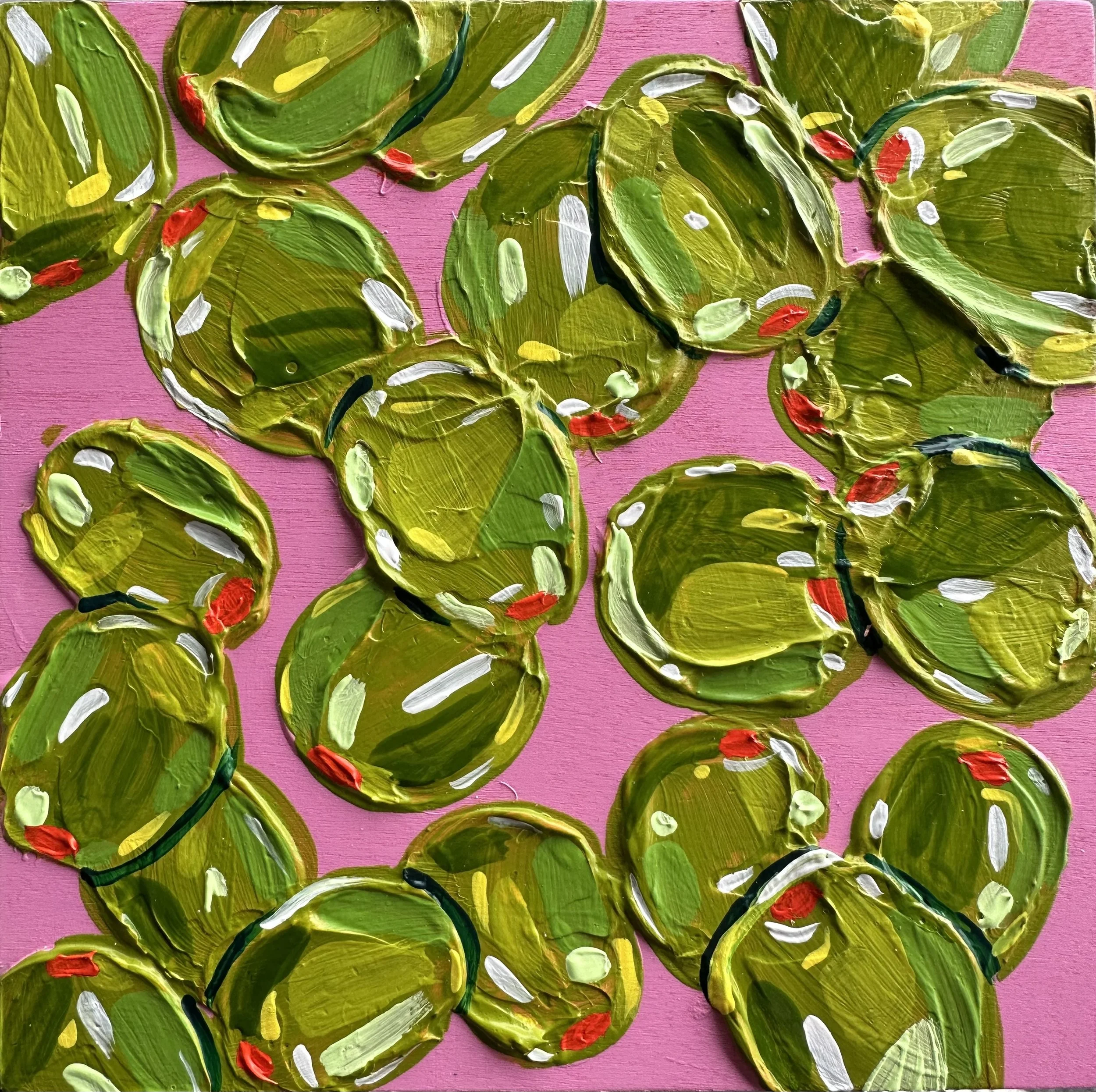 “Olive You”, acrylic on wood, 2023. 8x8 inches.