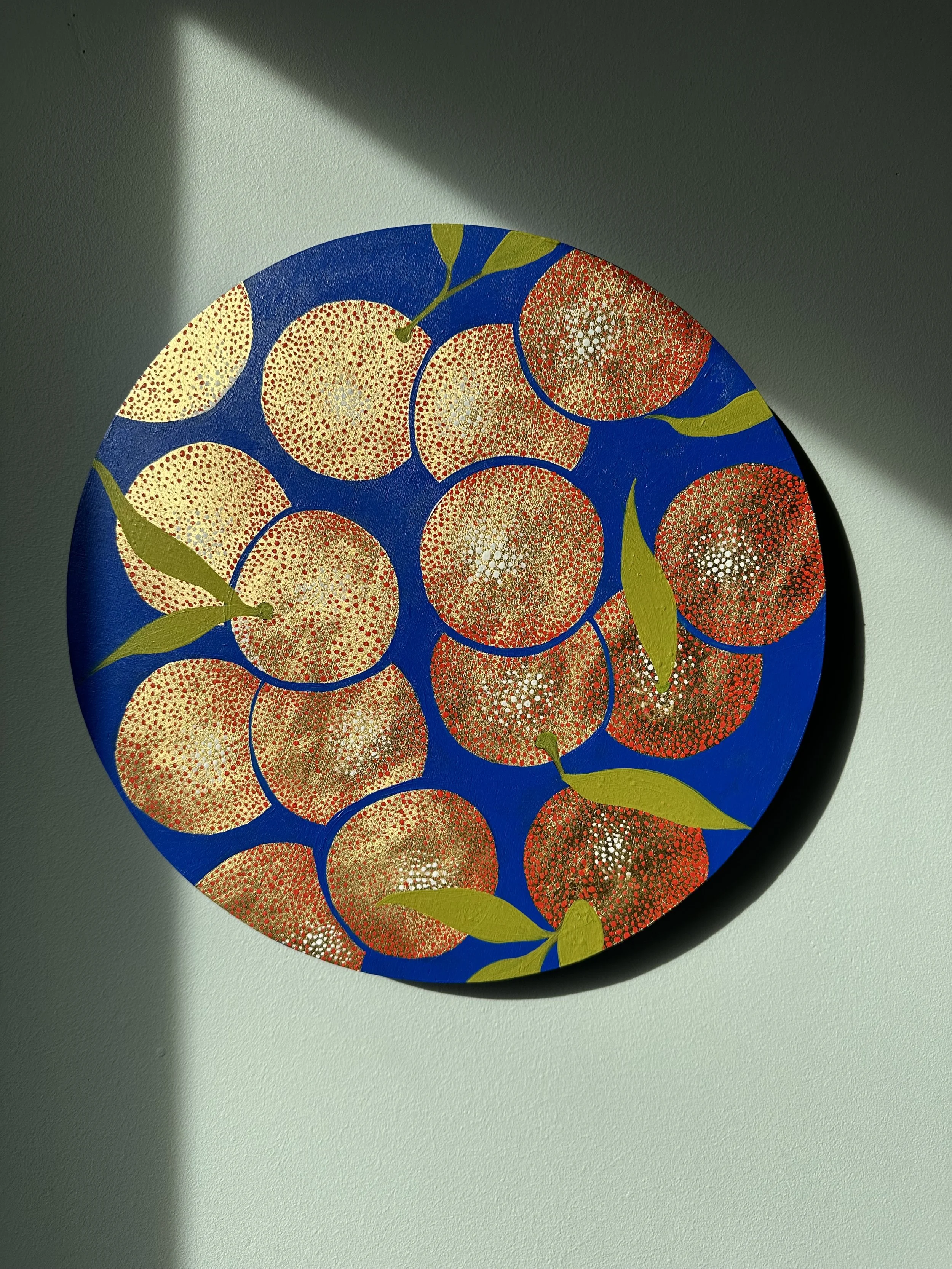 “Good Luck”, acrylic & gold leaf on wood, 2024. 12 inches.