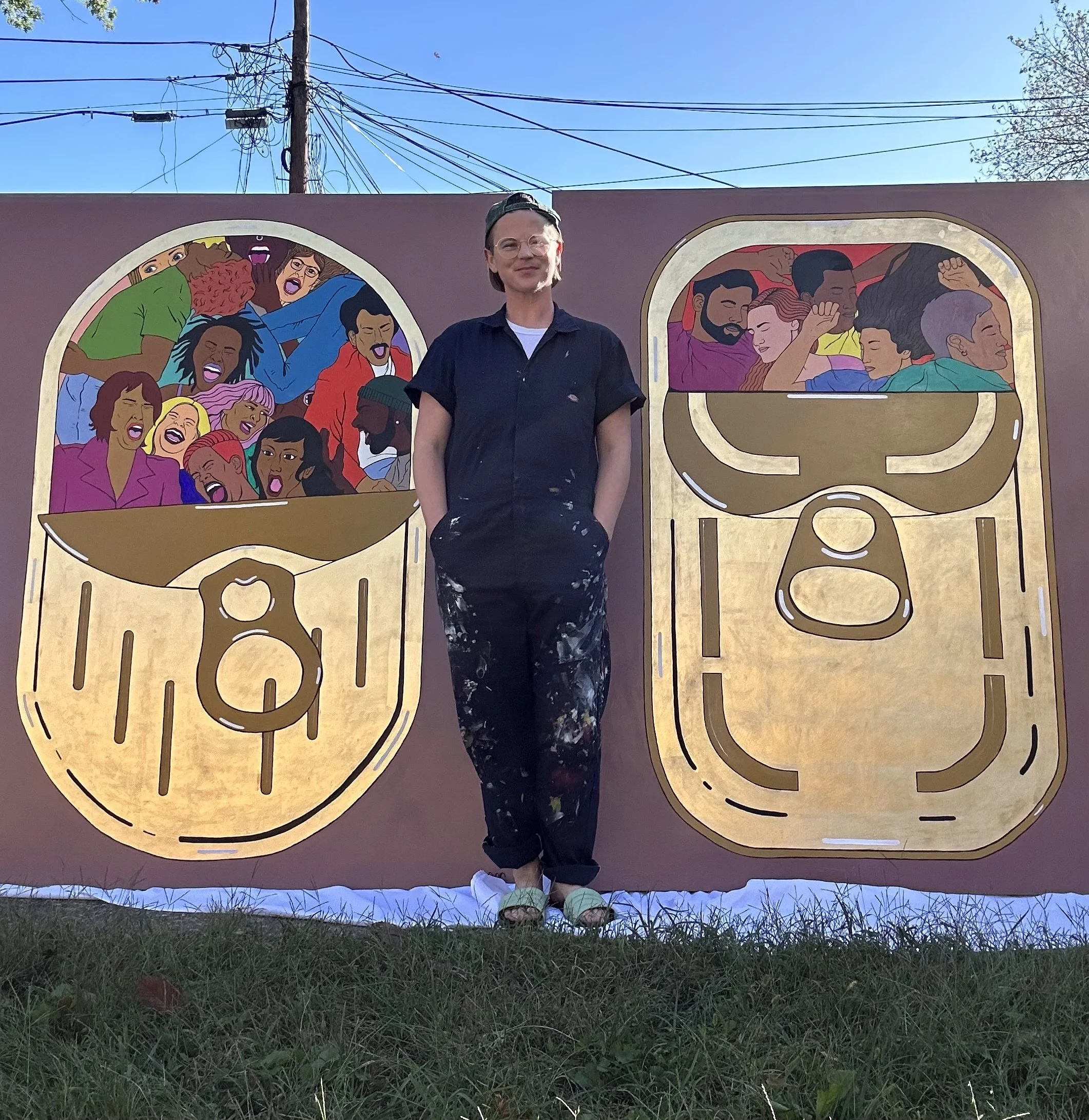 “Cuddlefish”, acrylic & gold leaf on wood, 2023. Two 2x3ft panels commissioned by Madelines NYC.