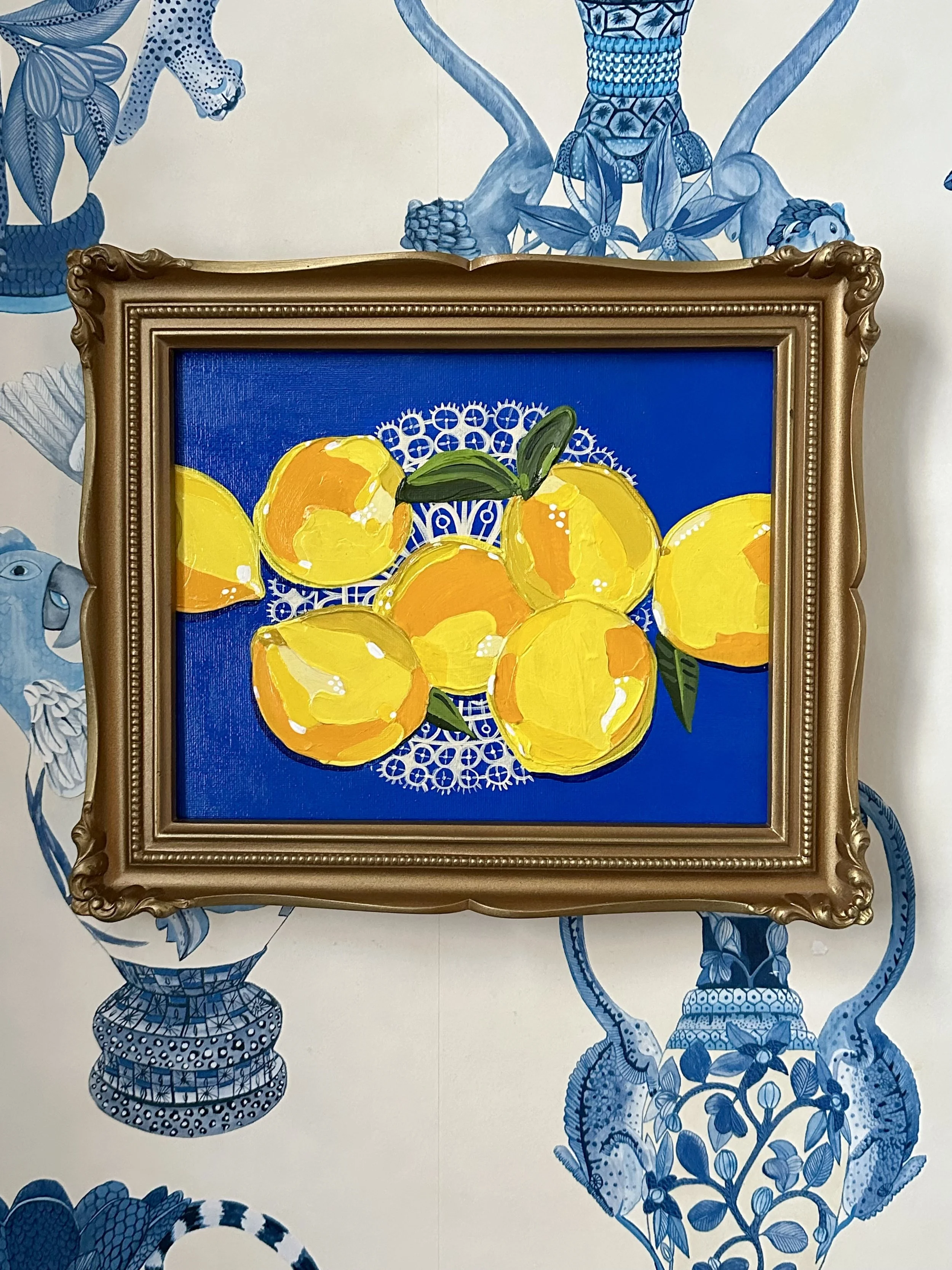 “Lemons on Lace”, acrylic on panel, 2026. 8x10 inches.