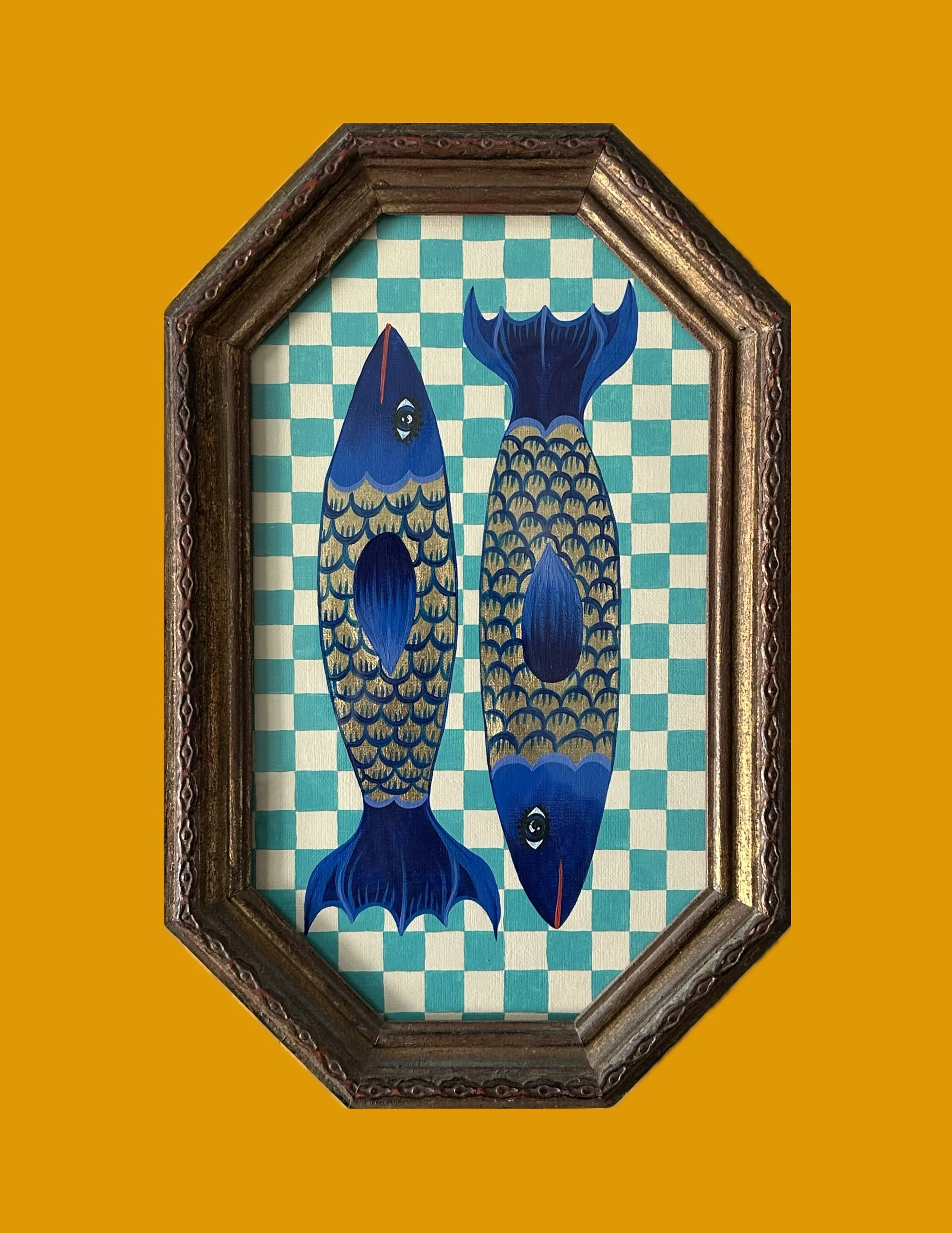 “The Pisces”, acrylic & gold leaf on paper, 2026. 10x13 inches.