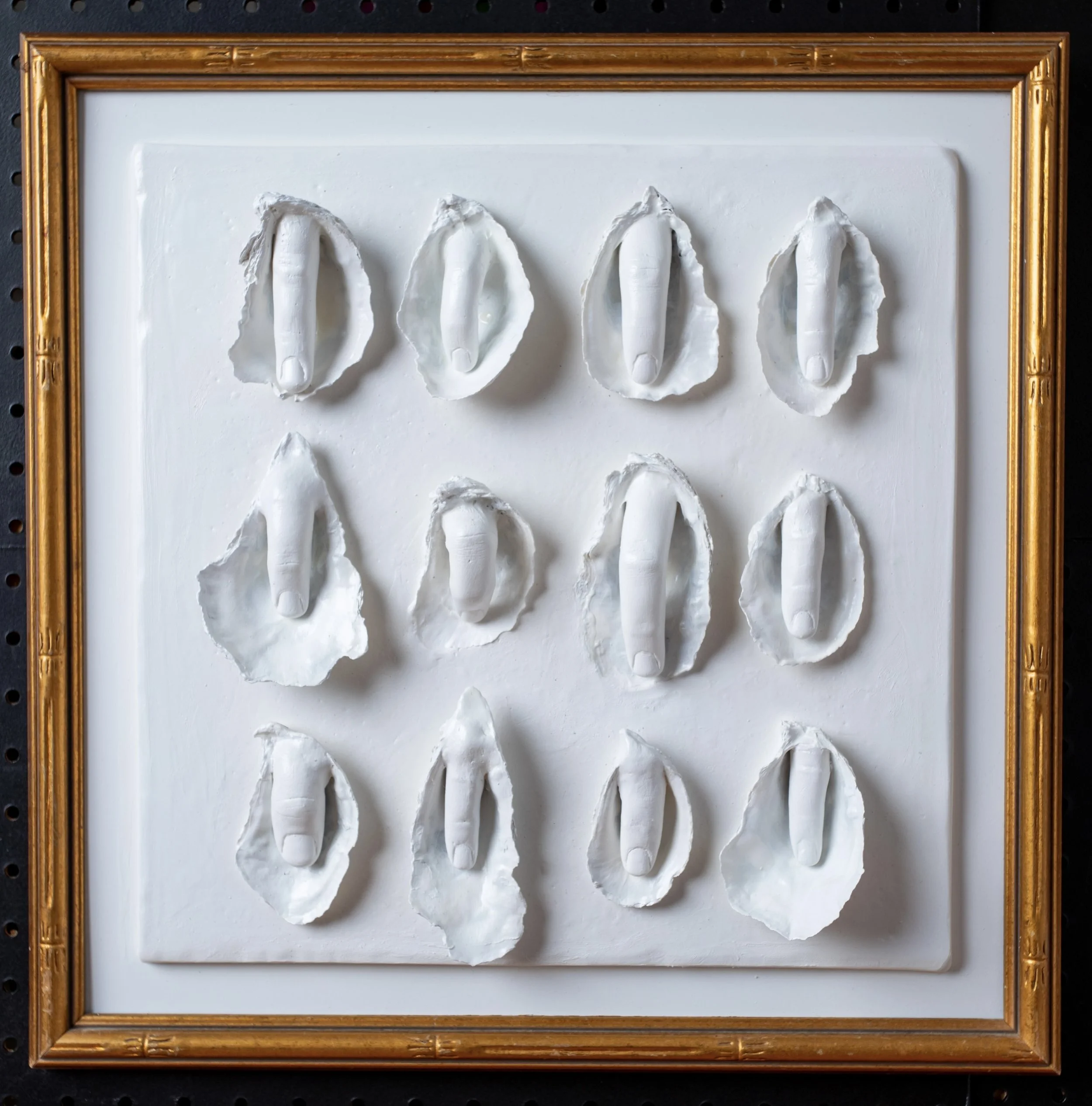 “Sea Creatures”, acrylic, plaster, oyster shells, 2024.