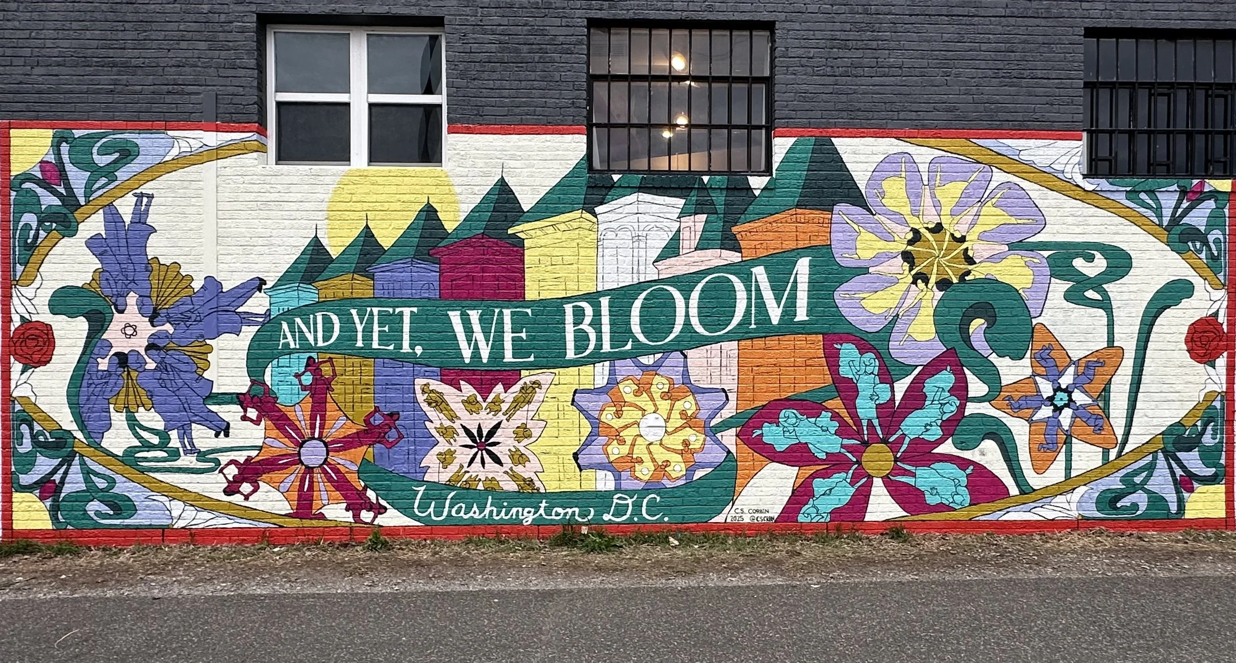 “And Yet, We Bloom”, mural commissioned by 
NOMABid at Stable Arts DC, 2025. 18x36 ft.