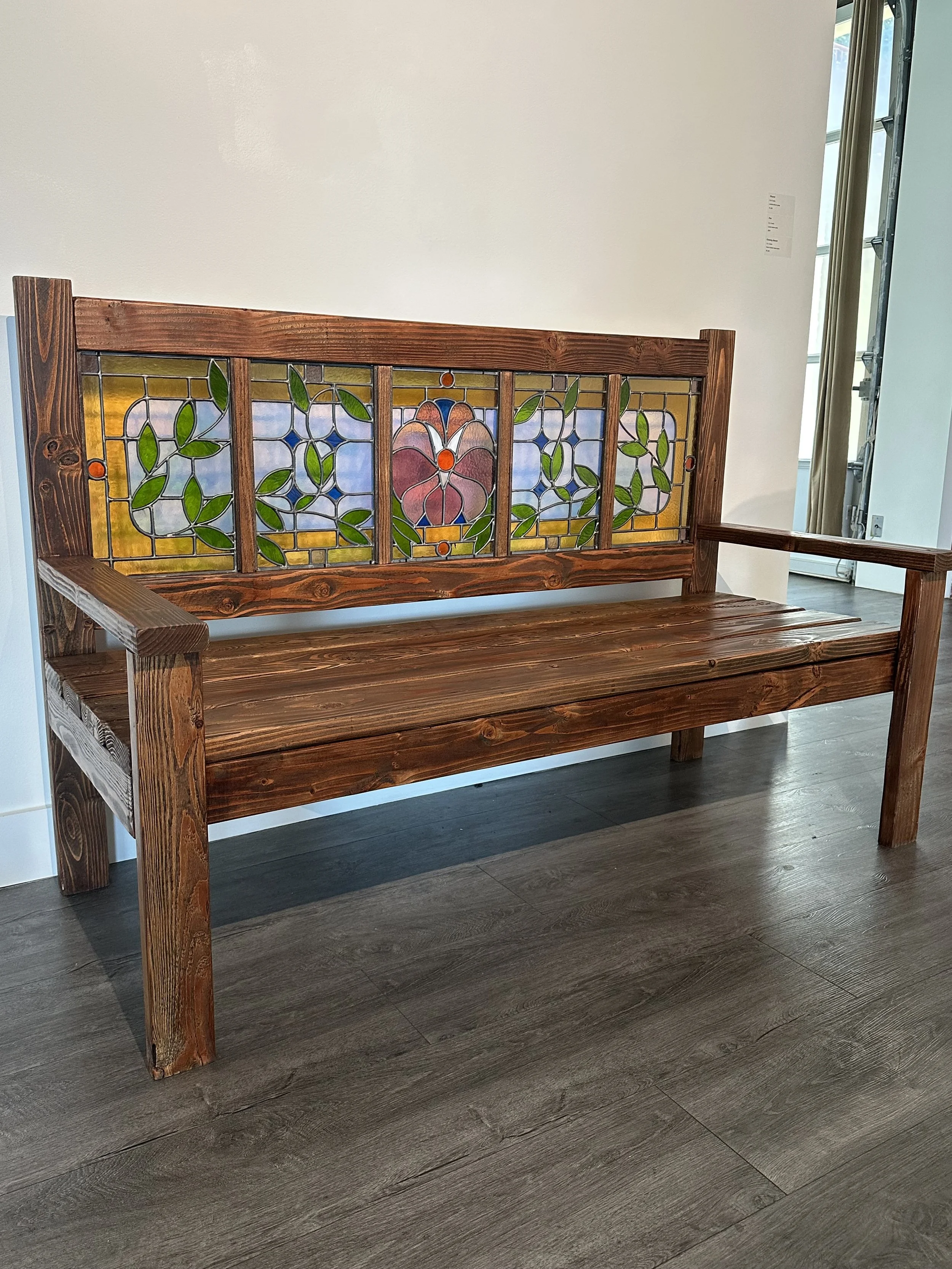“Cruising Bench”, wood & leaded stained glass, 2026.