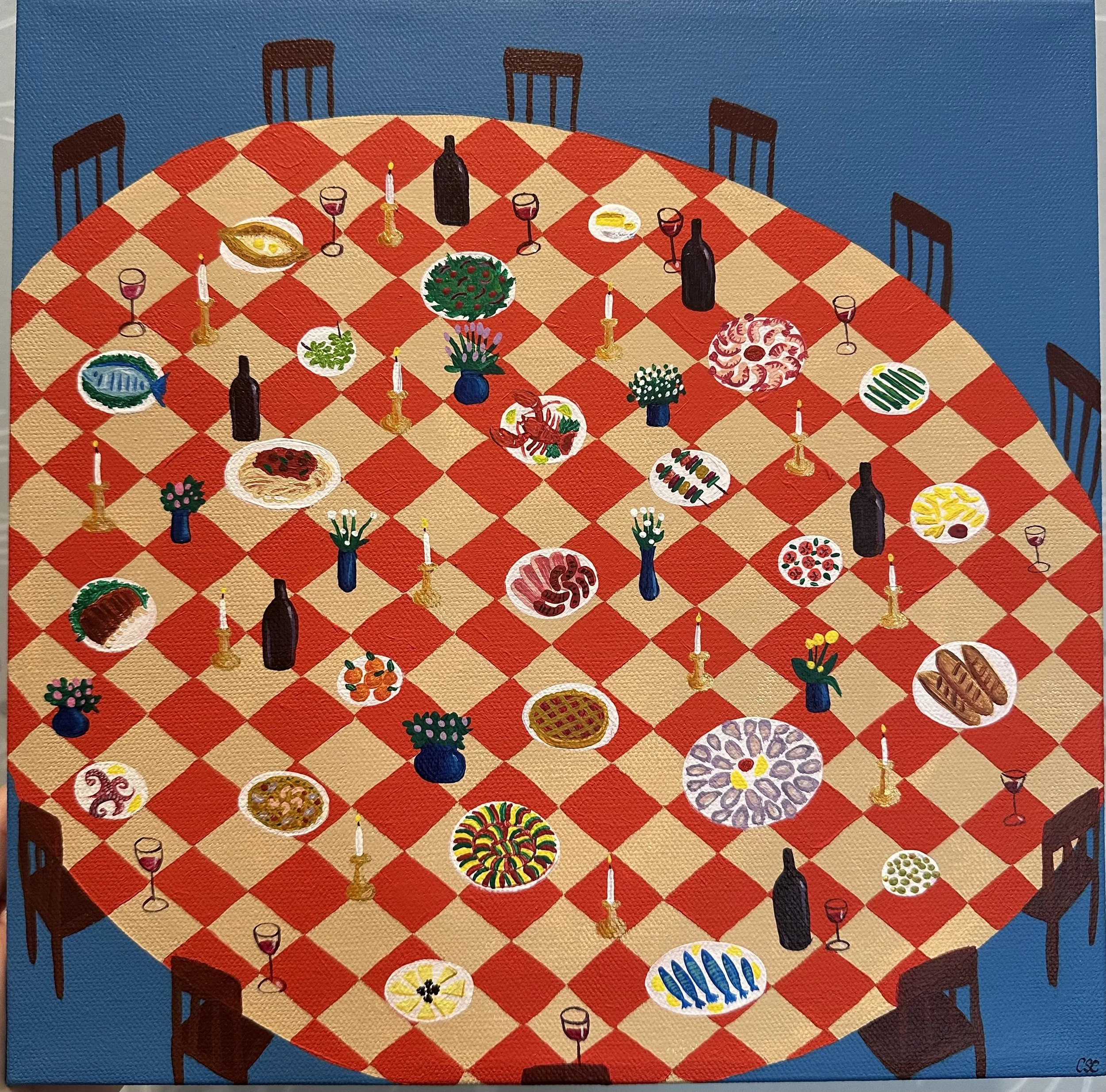 “Family Style”, acrylic on canvas, 2024. 8x8 inches.