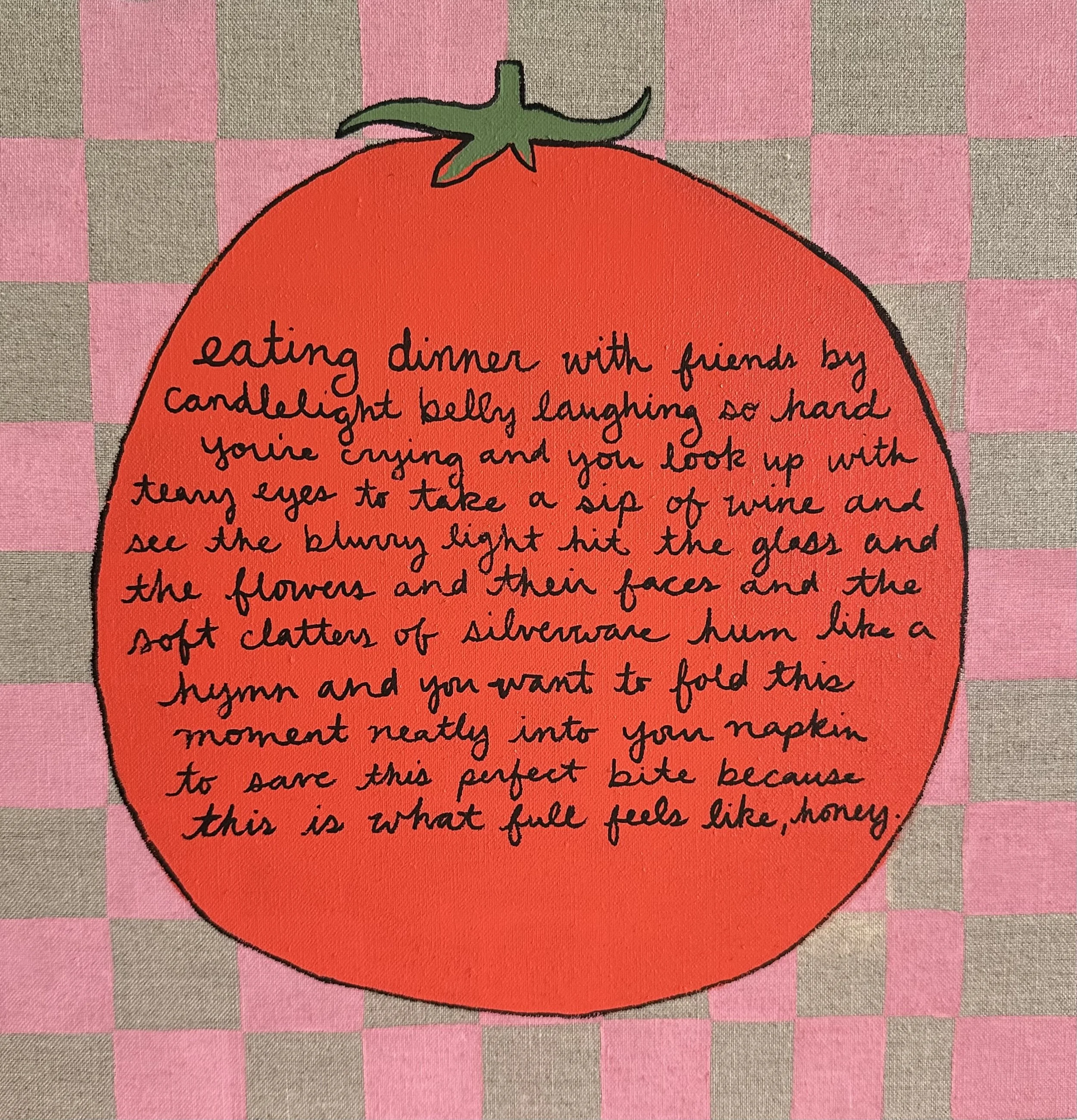 “Crying at Dinner”, acrylic on linen, 2025. 12x12 inches.