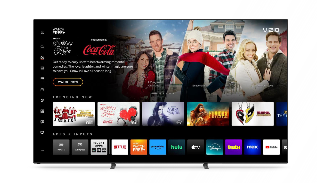 A VIZIO hero unit in WatchFree+ featuring the movie Snow in Love presented by Coca-Cola.