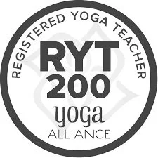 Circular logo for RYT 200 yoga teacher training, featuring the words 'REGISTERED YOGA TEACHER', '200', and 'yoga alliance' around the circle.