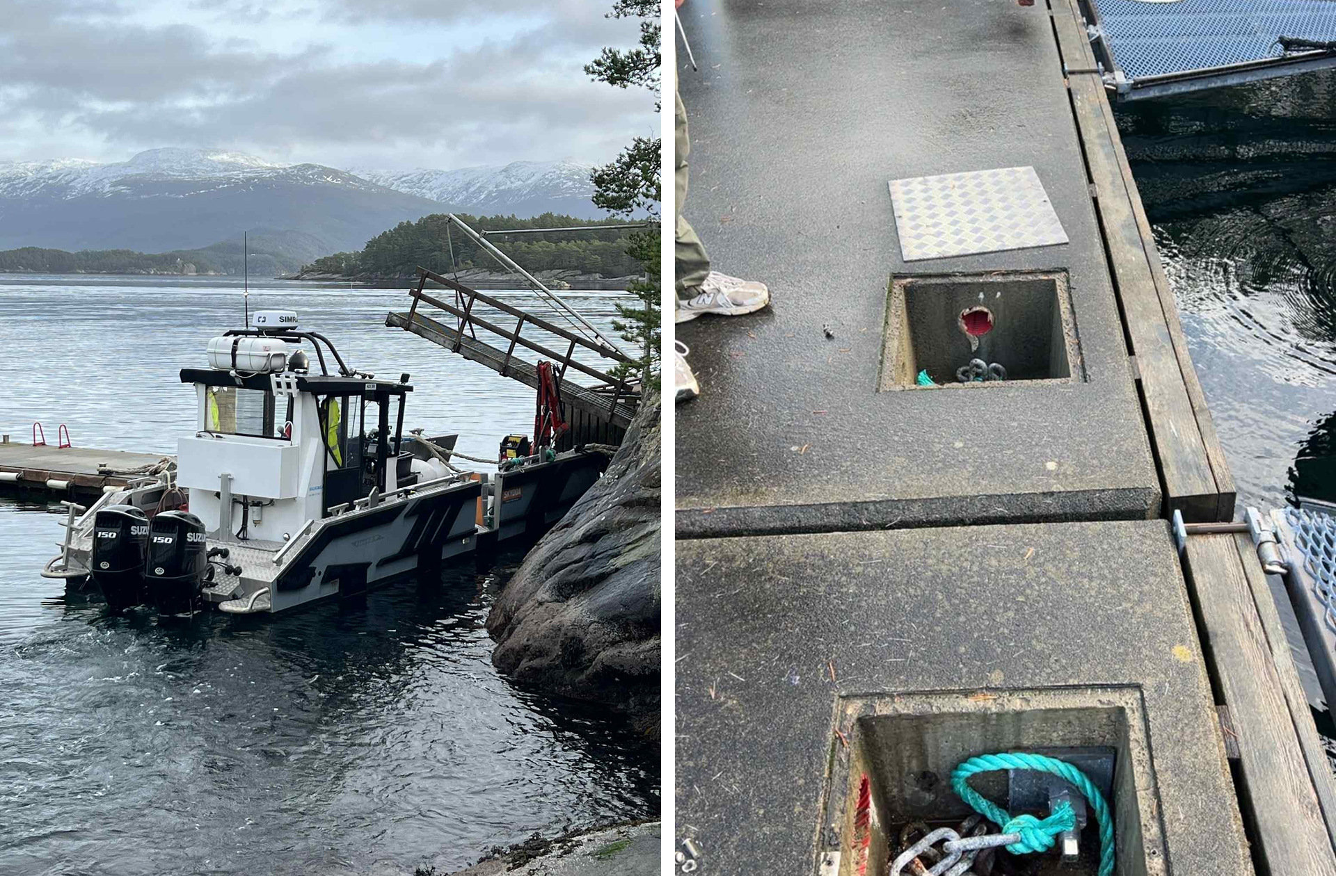 Bilete av båt ved kai, og ein kai med opne inspeksjons-luker