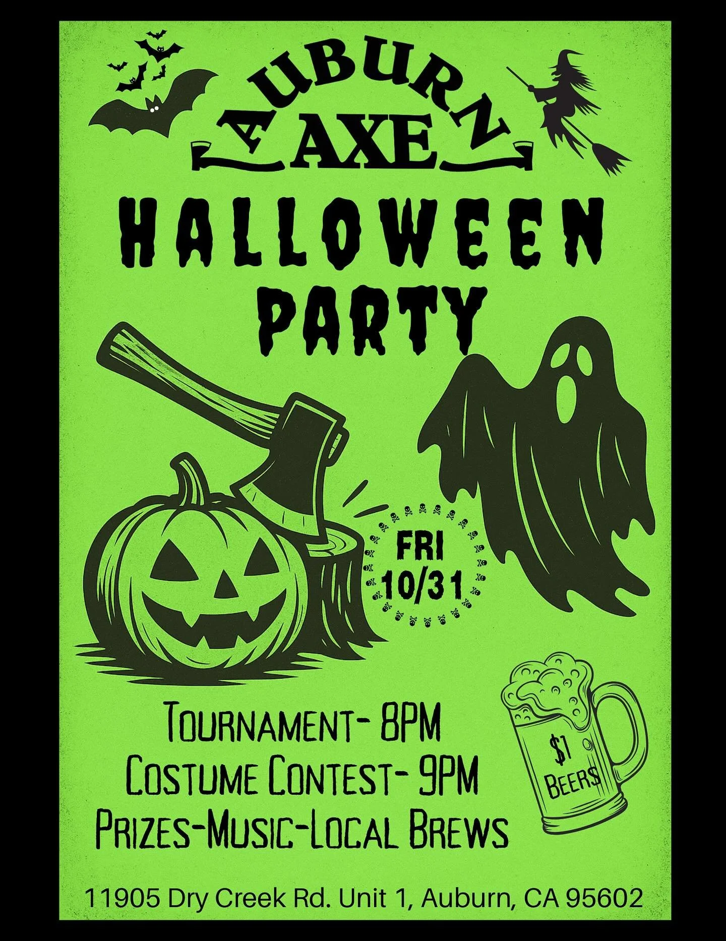 Costumes. Cold brews. Competition.
That&rsquo;s how we do Halloween at Auburn Axe 🪓👻

Join us for a night of killer throws, creepy tunes, and prizes that&rsquo;ll make your costume worth the effort.
🕗 Tournament at 8PM
🎭 Costume Contest at 9PM
🏆
