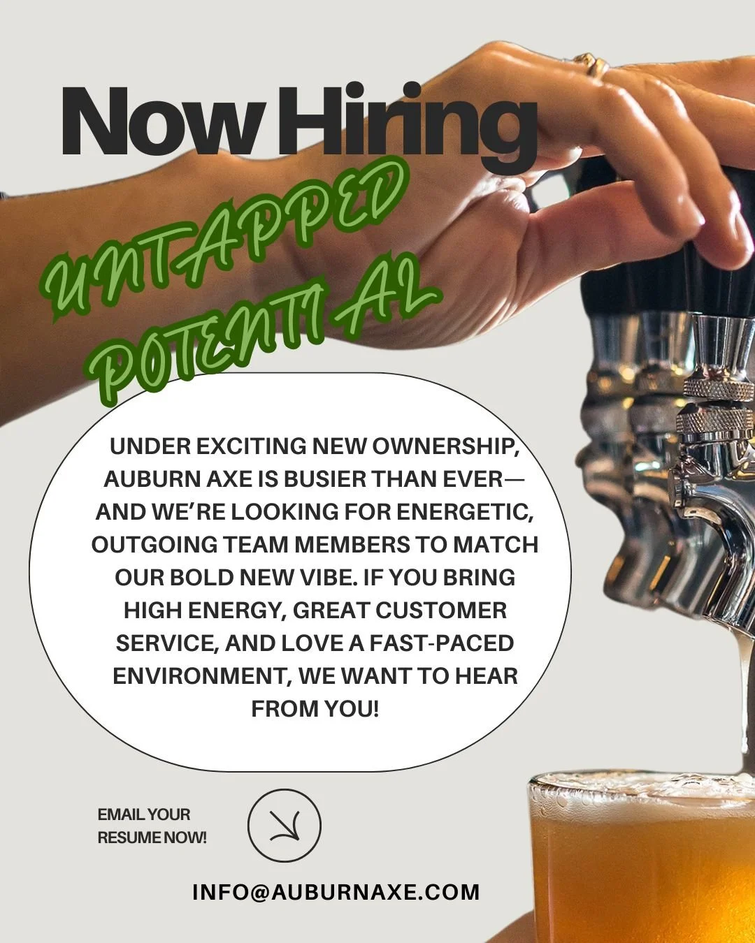 Auburn Axe is growing fast&mdash;and we&rsquo;re looking for team members who want to grow with us! 🍻

If you&rsquo;re 21+, upbeat, and driven, we want to meet you. This is more than a job&mdash;it&rsquo;s a chance to be part of a fun, high-energy t