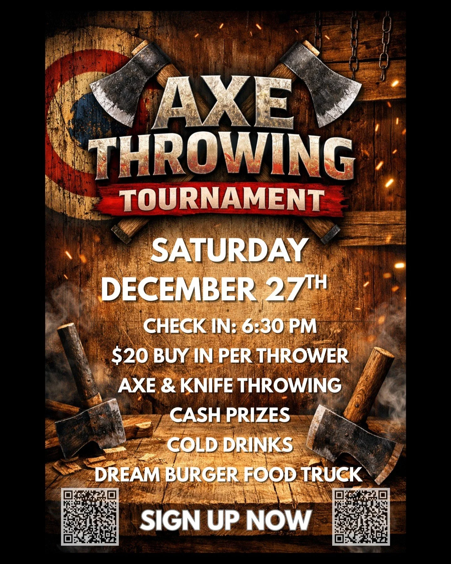 Sharp blades. Cold drinks. Cash prizes.
Axe &amp; knife throwing tournament at Auburn Axe.
Saturday, December 27th.
$20 buy-in per thrower.
Dream Burger food truck on site.
Spots are limited &mdash; scan the QR code and sign up now.

#AuburnAxe
#AxeT