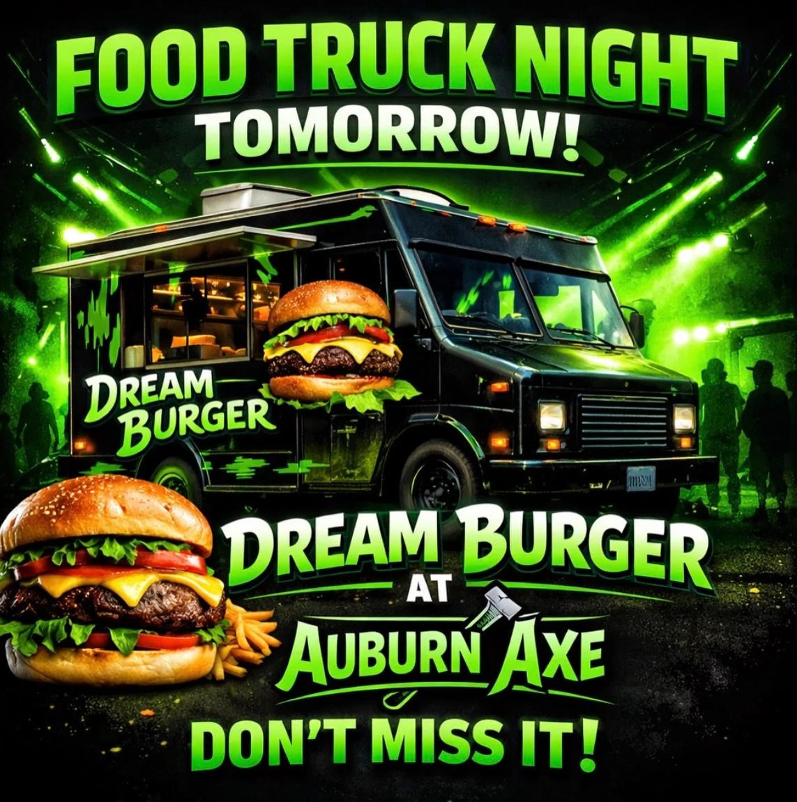 BIG ANNOUNCEMENT 🍔 Dream Burger is rolling into Auburn Axe TOMORROW!

Come throw axes, grab a drink, and get one of the best burgers around while you&rsquo;re here. Food trucks + axes + cold beer is a pretty solid way to spend a night.

Bring your c