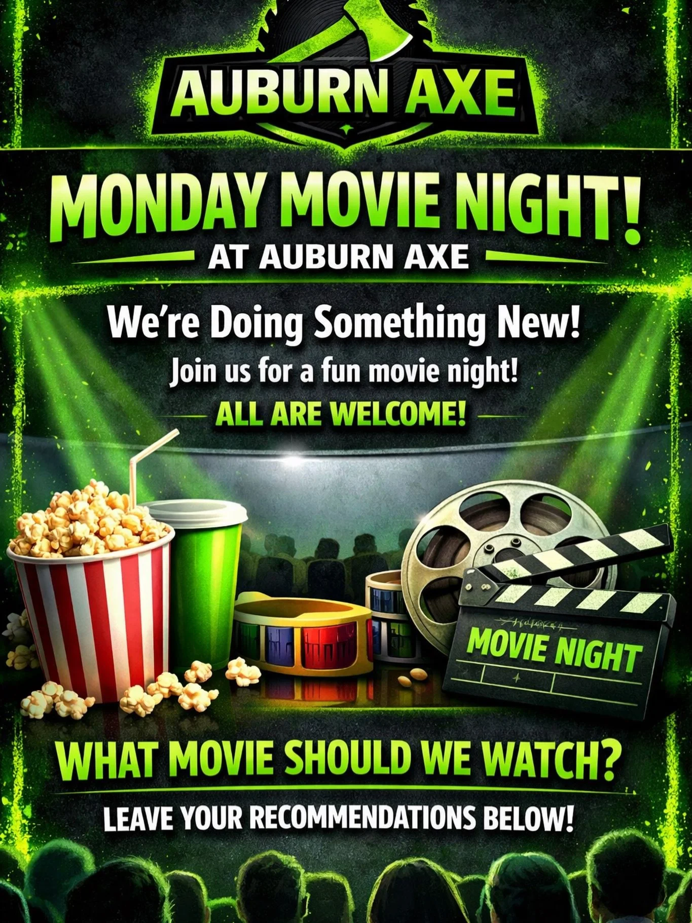 No overthinking. No planning. Just show up, grab a drink, hang out, and watch whatever wins the vote.

Drop your movie pick below
If it&rsquo;s terrible, we&rsquo;re blaming you publicly.
If it&rsquo;s good, we&rsquo;ll pretend it was our idea.

All 