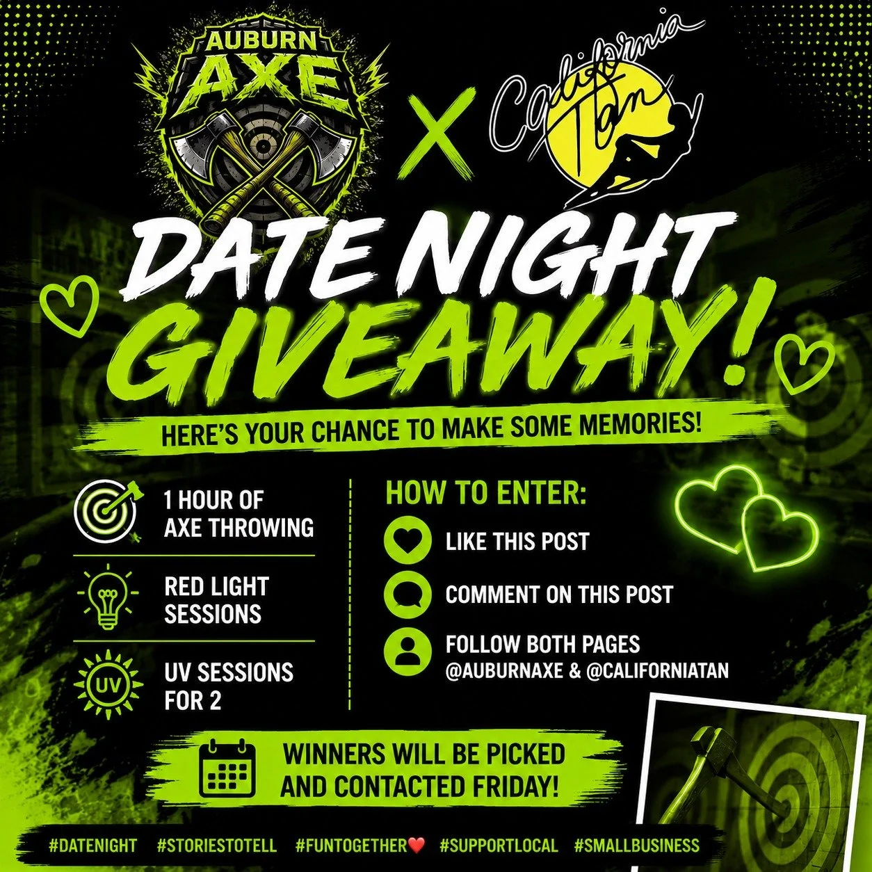 FREE date night? FREE Red light &amp; UV? Yeah, you should probably enter this.

We teamed up with California Tan to give one lucky winner:
⚡ 1 hour of axe throwing
⚡ Red light sessions
⚡ UV sessions for 2

How to enter:

Like this post
Comment on th