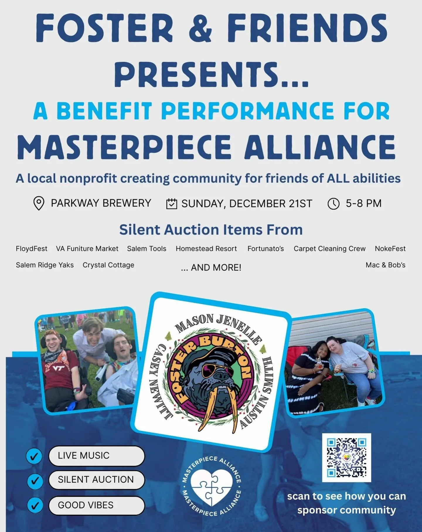 Foster Burton &amp; Friends + Parkway + Silent Auction + Masterpiece Alliance = A Night You Don&rsquo;t Want To Miss!

Silent auction includes @floydfestva passes, @nokefest passes, a stay at the @omnihomestead and MUCH MORE!