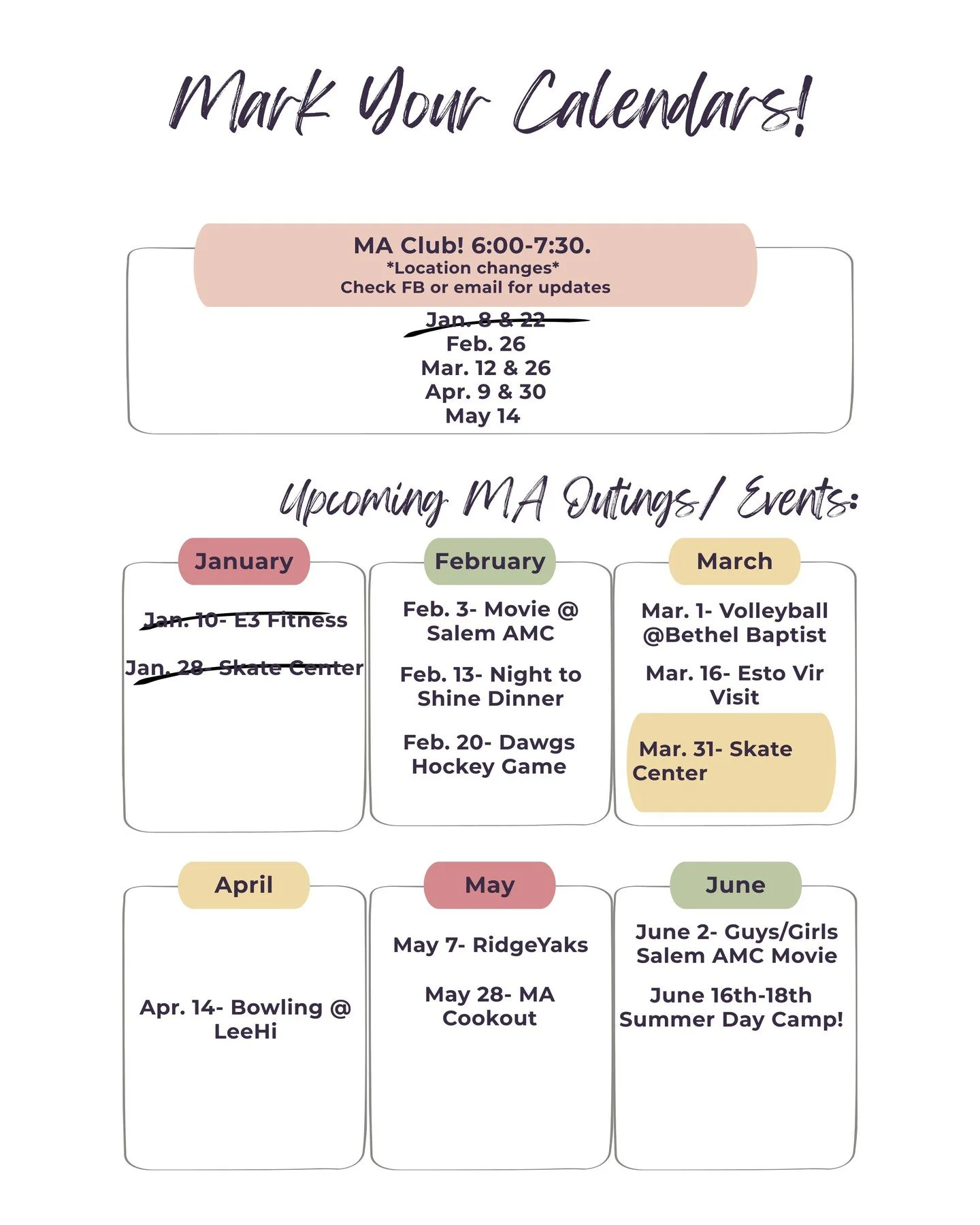 We hope everyone is staying warm and cozy this week. Look at all the fun events we have planned for  the warmer days ahead!