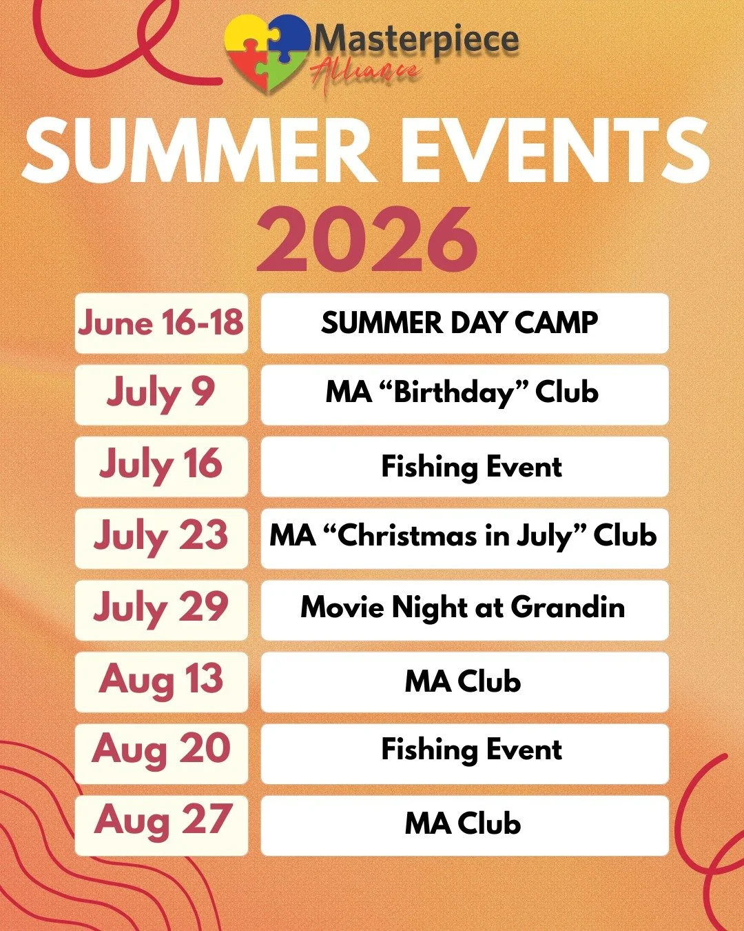 Lots of great MA Community Events this summer! Stay tuned for details. We'll send out sign up links for each event about a week before it occurs. 
Now back to planning for Day Camp!