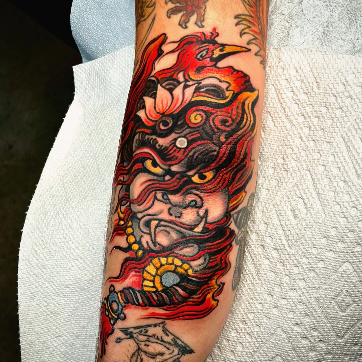 Fudo for Jeremy! On the elbow.  Thank you man 🤜🏽❤️🤛🏽 @tattoosmilepdx