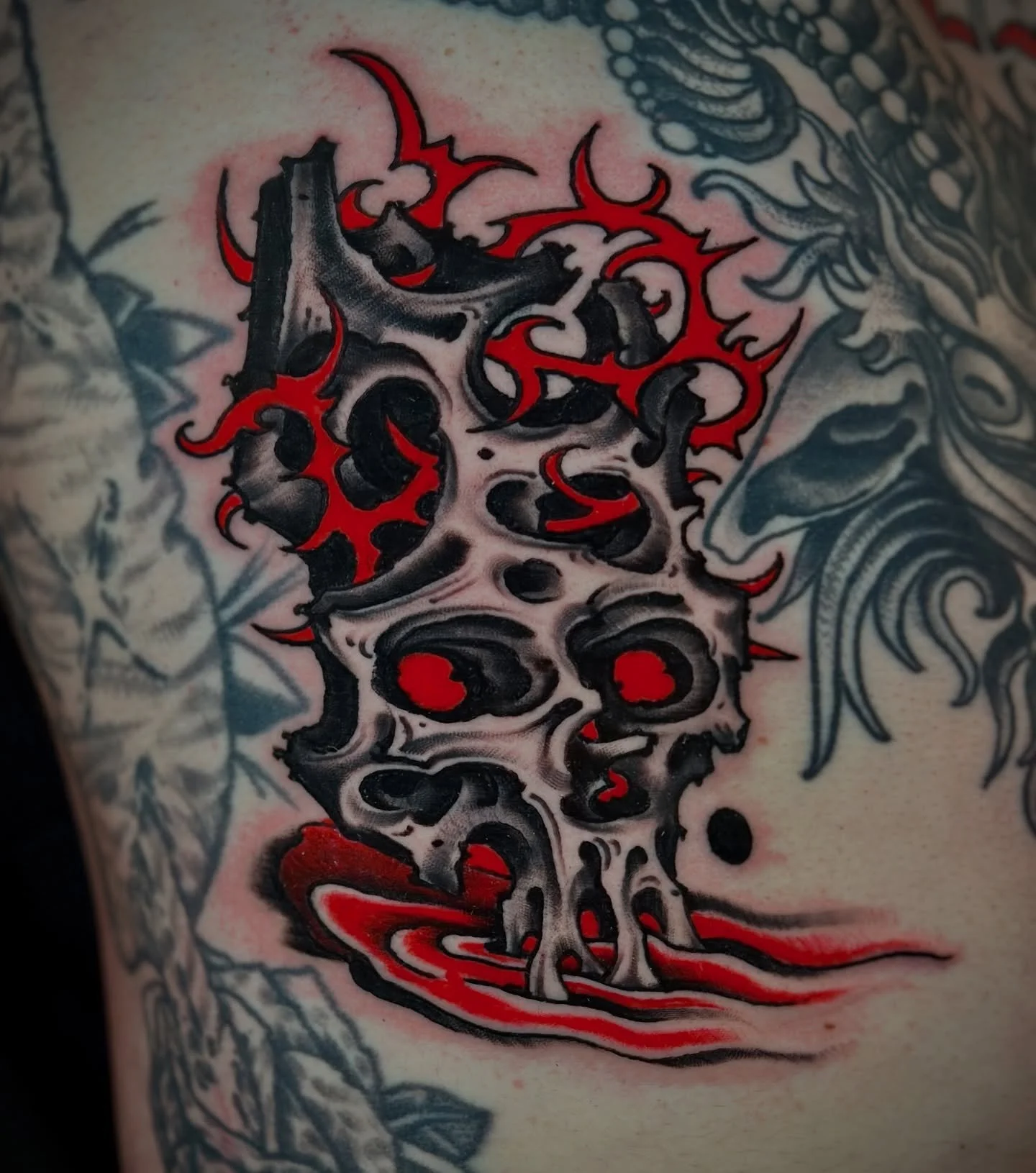 Skull rock strikes again. I never get tired of making these. Drawn on tattooing. DM to book @tattoosmilepdx ⚫️