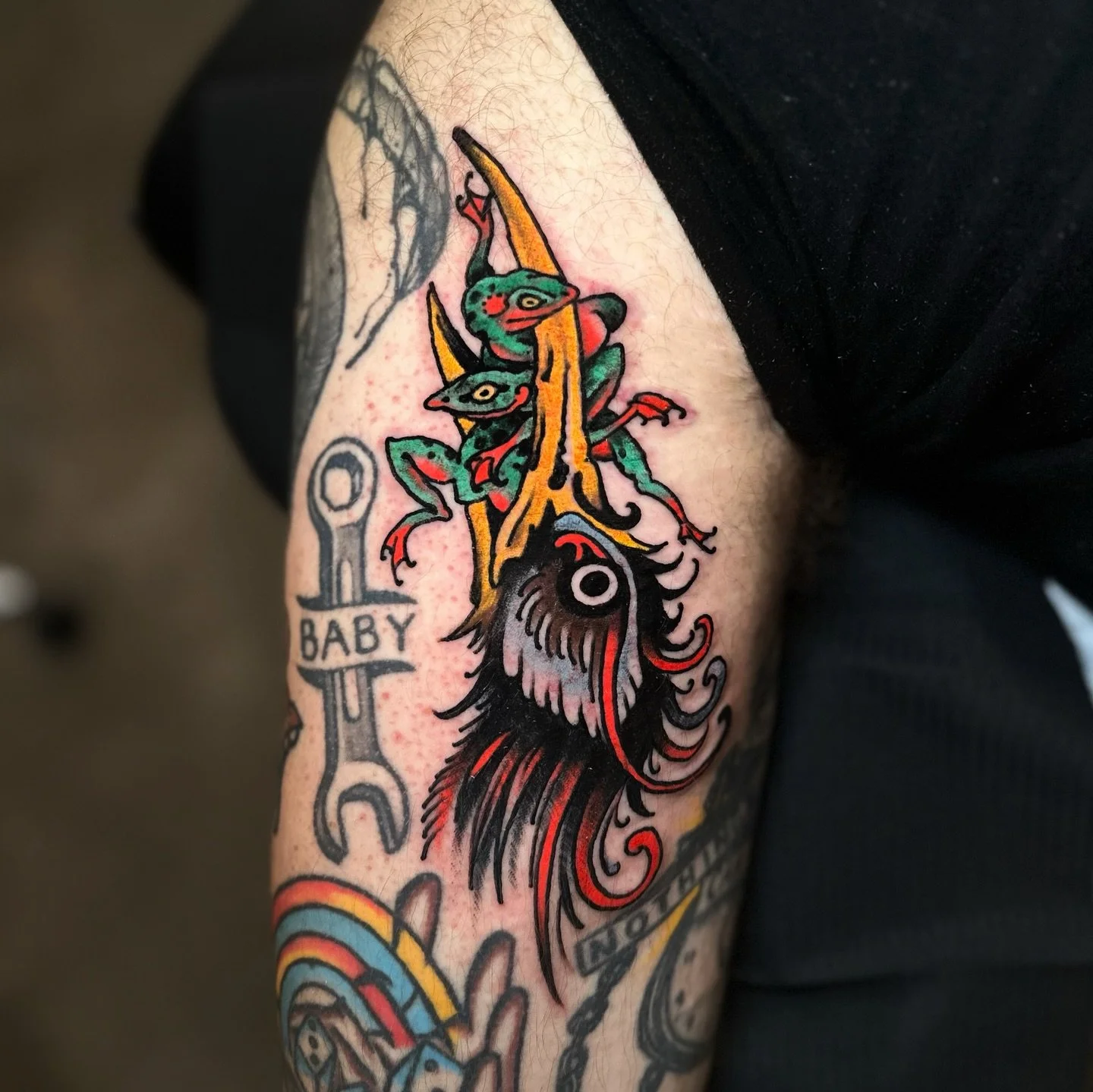 Frogs for breakfast! Filling those last pesky spots on Alex&rsquo;s arm.  @tattoosmilepdx &mdash; DM ✌🏽 Book or fill out the form in my bio 🌀